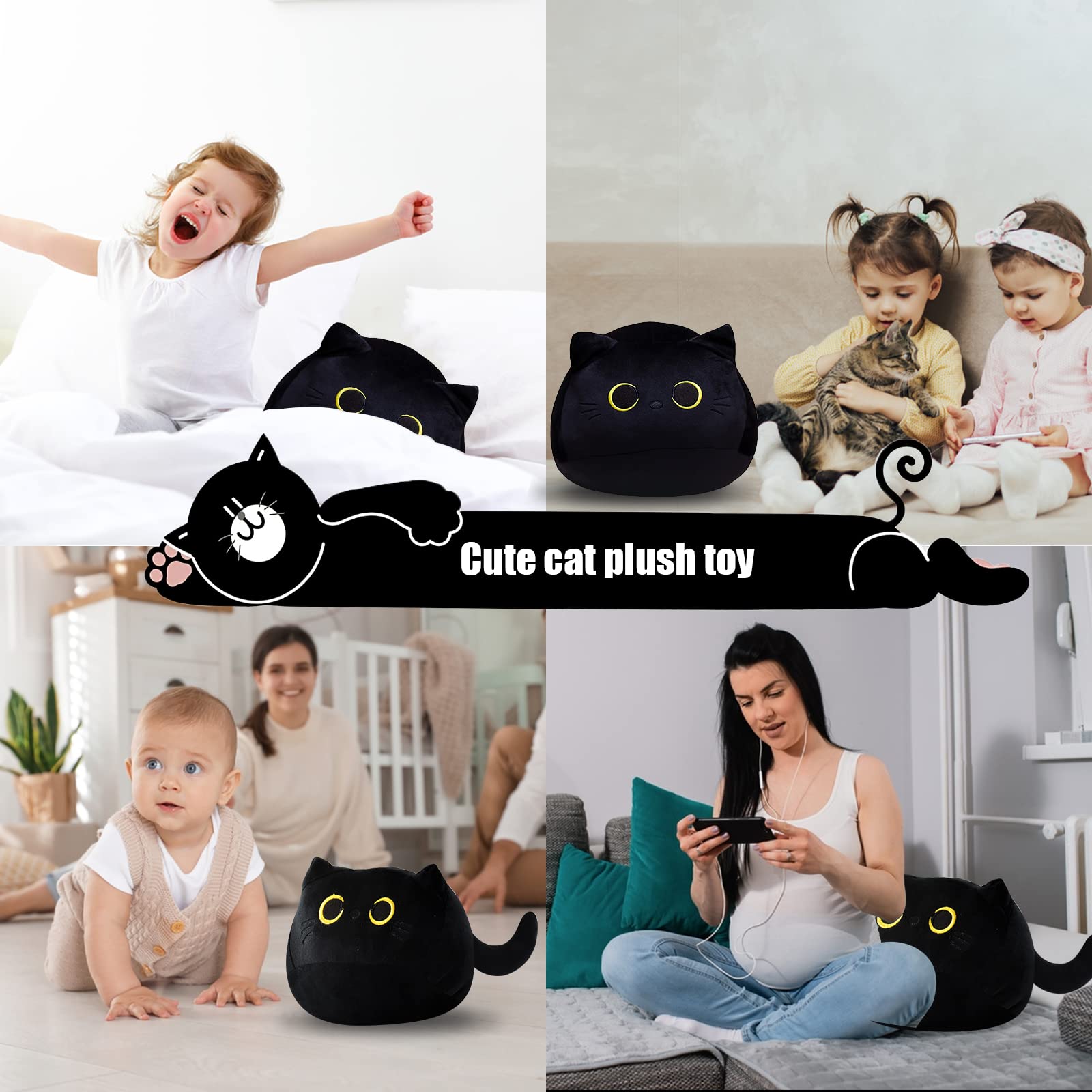 AudeRhine 10'' Cute Black Cat Plush Toys, Soft Pillow Squishy Plushies, Kawaii Cat Stuffed Animals for Home Decoration, Gift for Cat Lovers, Kids