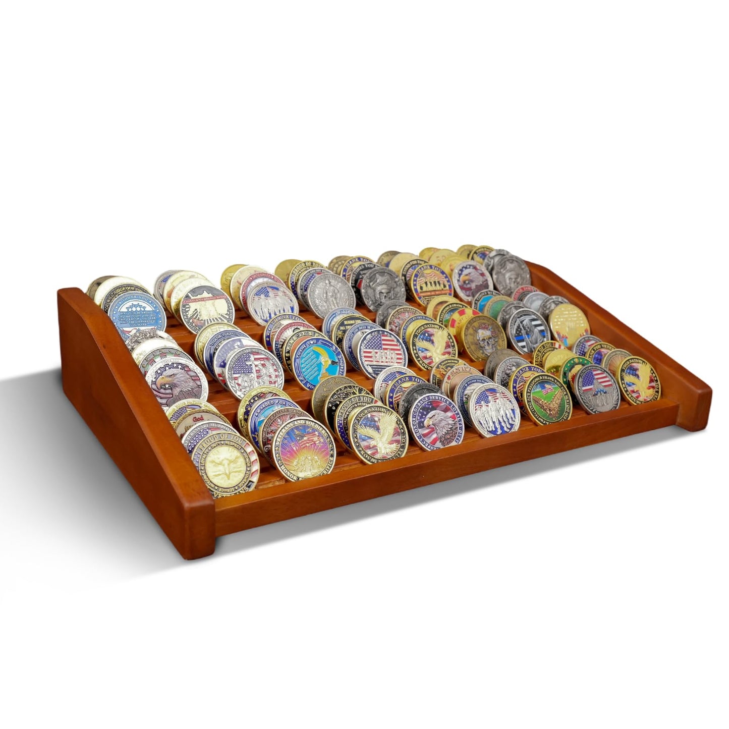 ASmileIndeep 12 Rows Solid Wood Military Challenge Coin Display Stand Holds 90-100 Coins Army Coin Holder Display Police Coin Rack for Countertop