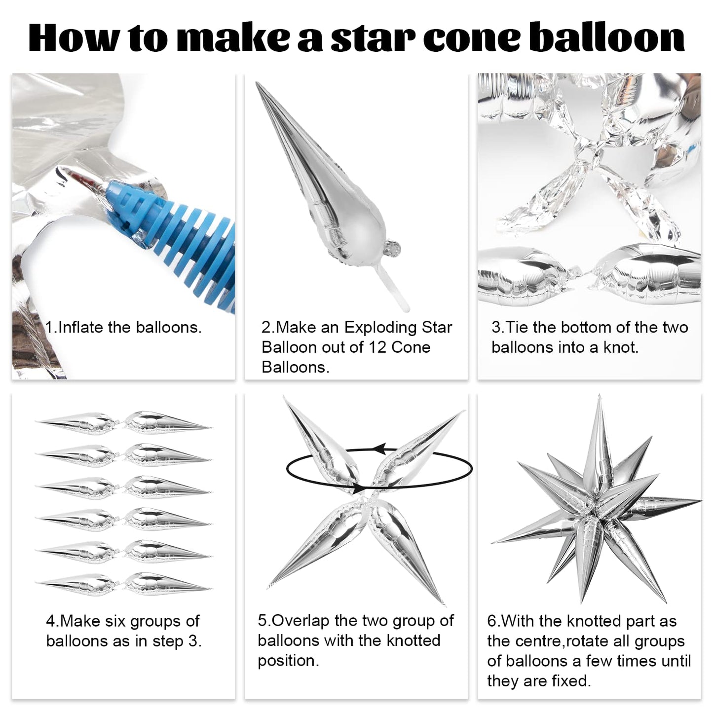Maylai 50 PCS 40'' Large Silver Star Balloons Big Metallic Explosion Star Foil Balloons 12 Point Star Balloons Cone Mylar Balloons Spike Balloons