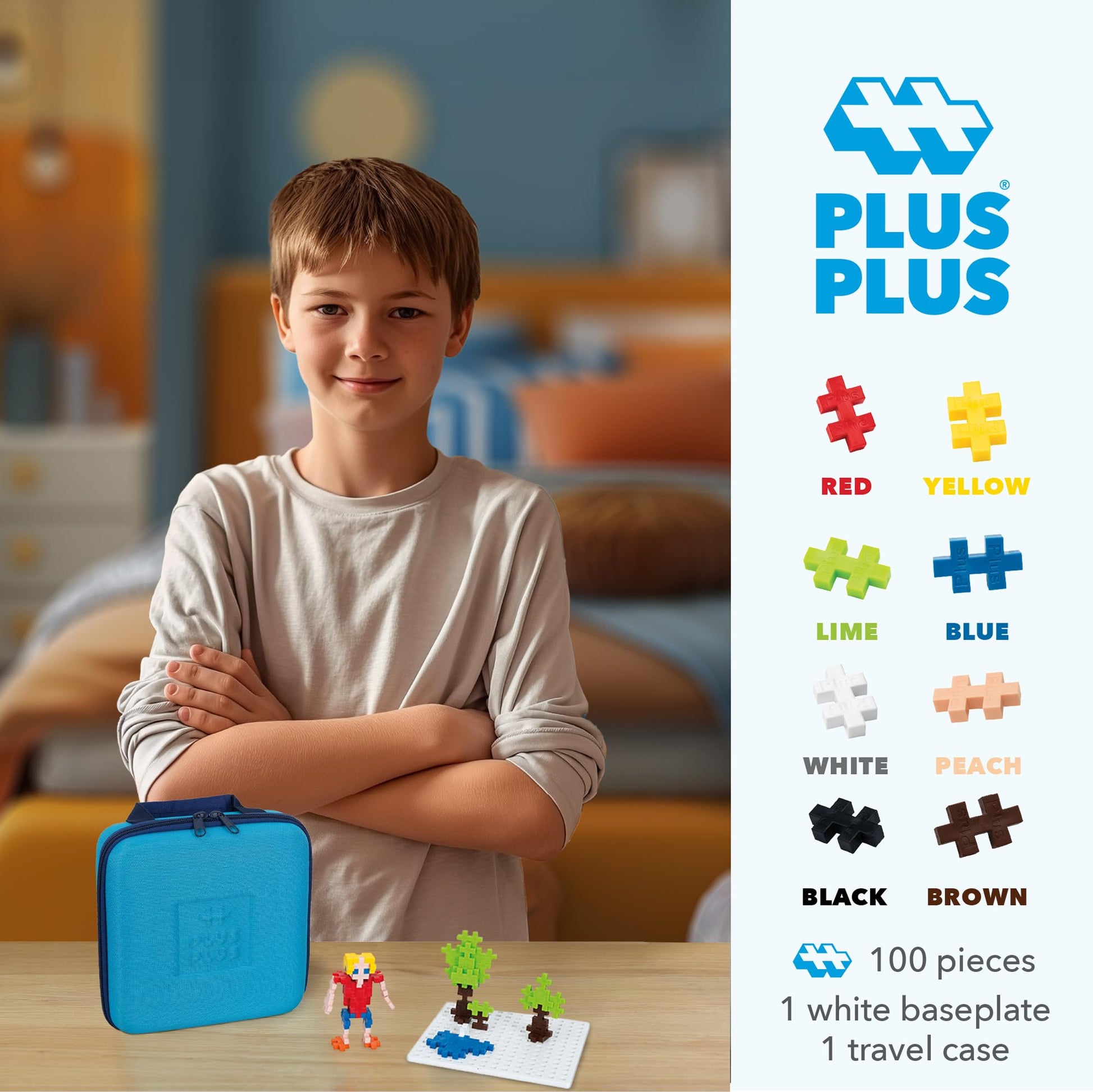 PLUS PLUS Building Set with Travel Case, 3D Puzzle Open Ended Stem Toy for Kids, 100 Mini Interlocking Pieces, 1 White Baseplate