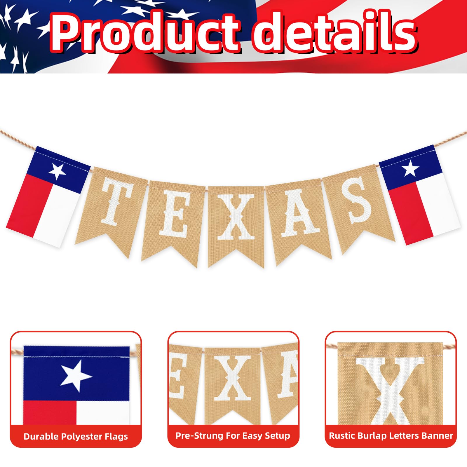 Pre-Strung TEXAS Banner with State Flag Panels, Rustic Linen Burlap Letter Garland for Western Cowboy Birthday, Independence Day, Rodeo Party