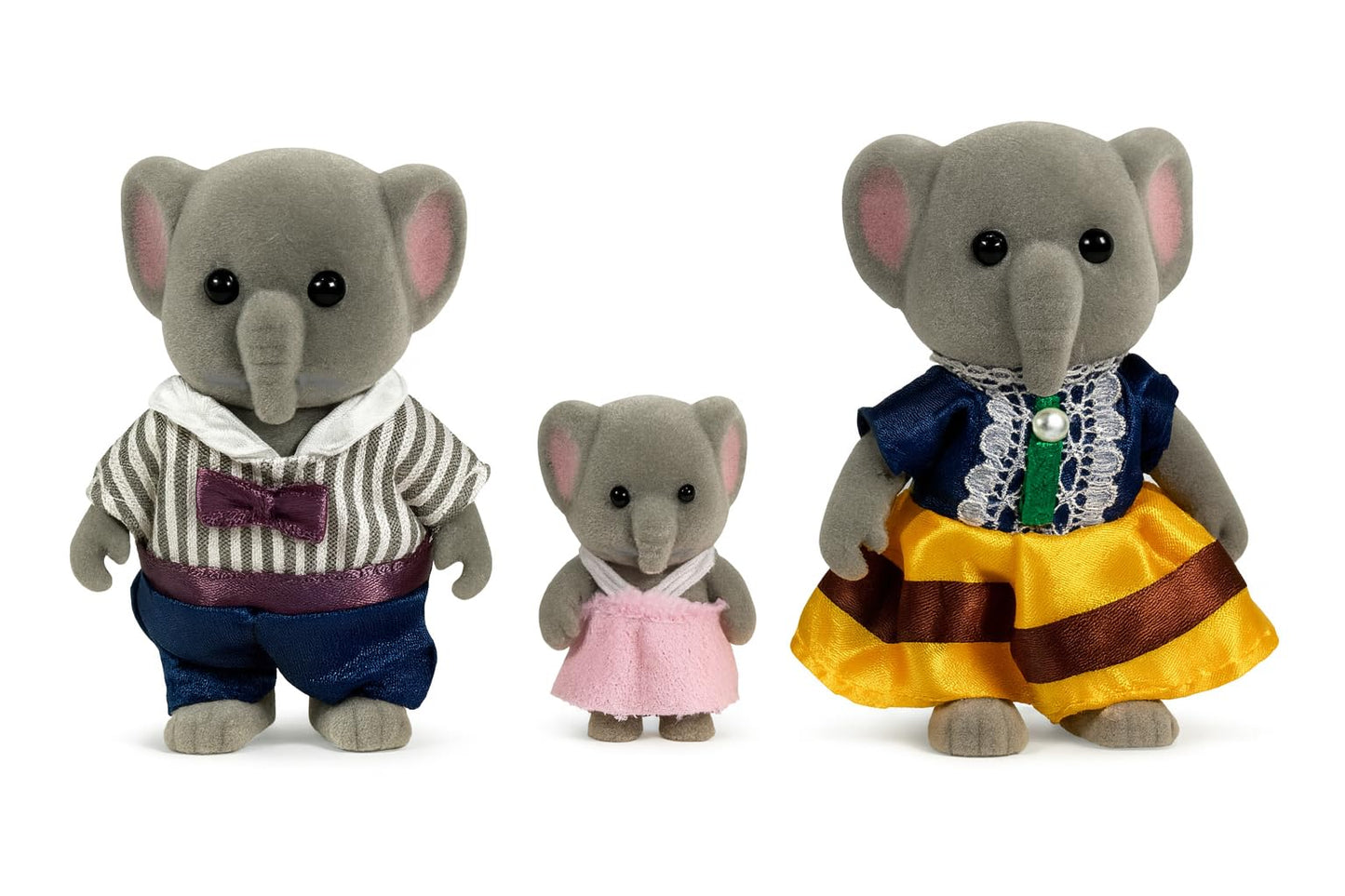 OLEOCA Family Gray Elephant Figures - Set of 3 Collectible Flocked Mini Dolls with Removable Clothes, Miniature Dollhouse Pretend Play Figures for