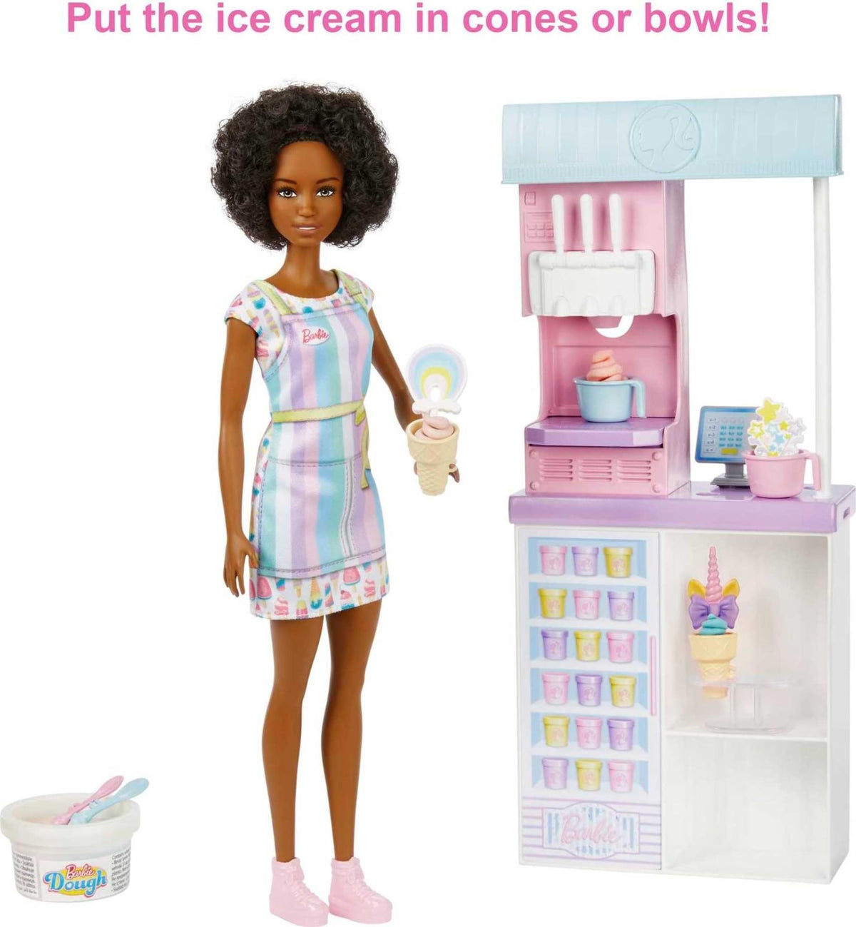 Barbie Ice Cream Shop Playset with 12-in Brunette Doll, Ice Cream Making Feature, 2 Dough Containers, 2 Bowls, 2 Cones, 3 Decorative Toppers, 2 Spoons