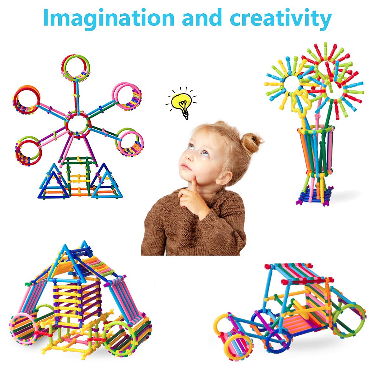 Juboury 1054Pcs Building Toy Building Blocks Bars Different Shape Educational Construction Engineering Set 3D Puzzle, Interlocking Creative Connecting