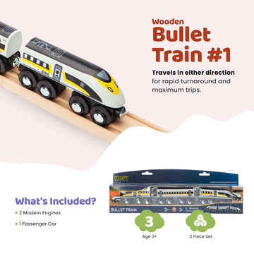 Maxim Enterprise, inc. Wooden Bullet Train, Wooden Train Set of 2 Modern Engines 1 Sleek Passenger Car with Magnetic Connectors, Compatible