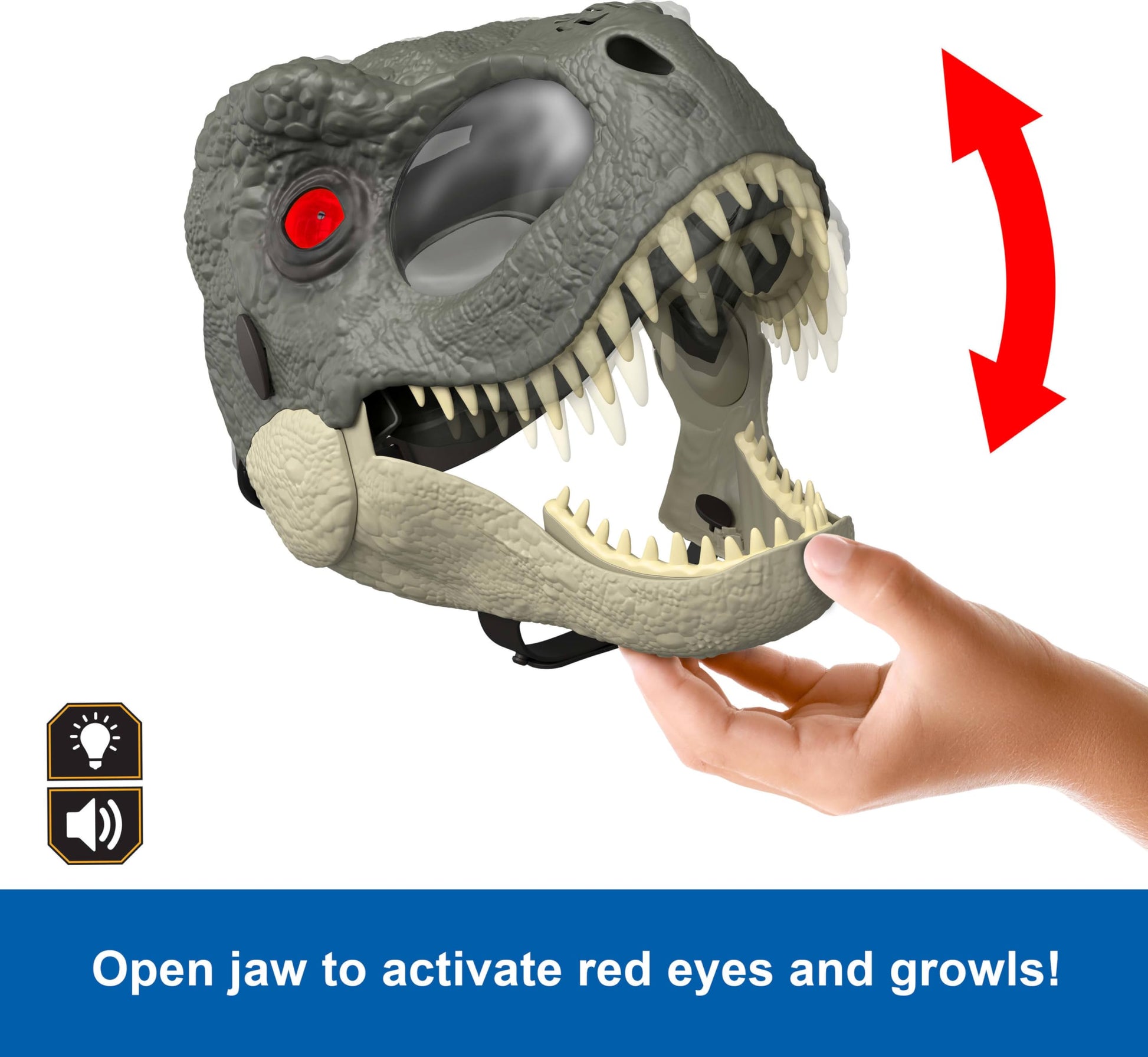 Mattel Jurassic World Rebirth T-Rex Rage N Roar Mask with LED Light Up Eyes, Blink Action with 3 Level Aggression Effect, Dinosaur Costume Headgear