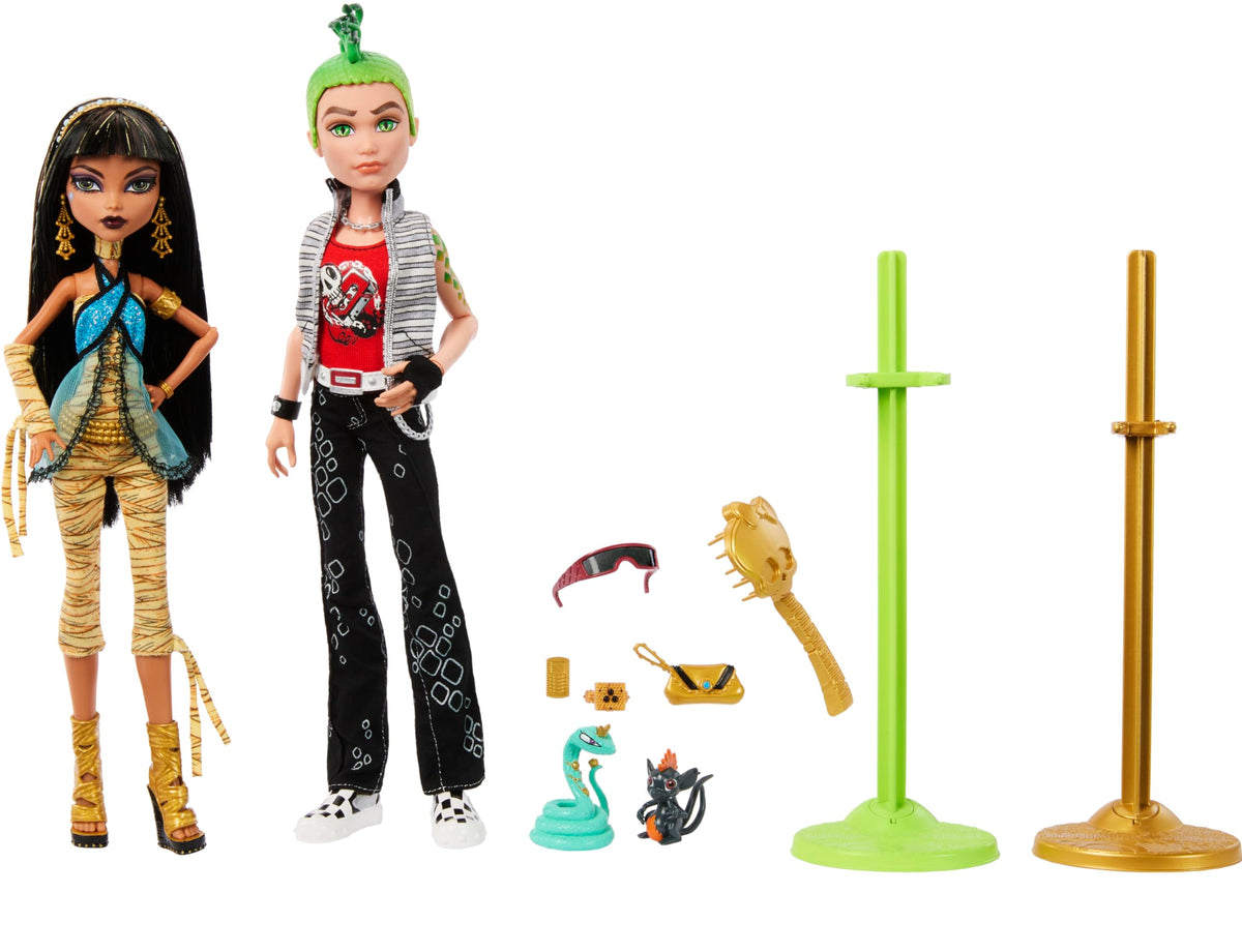Monster High Booriginal Creeproduction Dolls 2-Pack, Cleo De Nile & Deuce Gorgon Collectible Reproductions with Doll Stands, Diaries & Pets