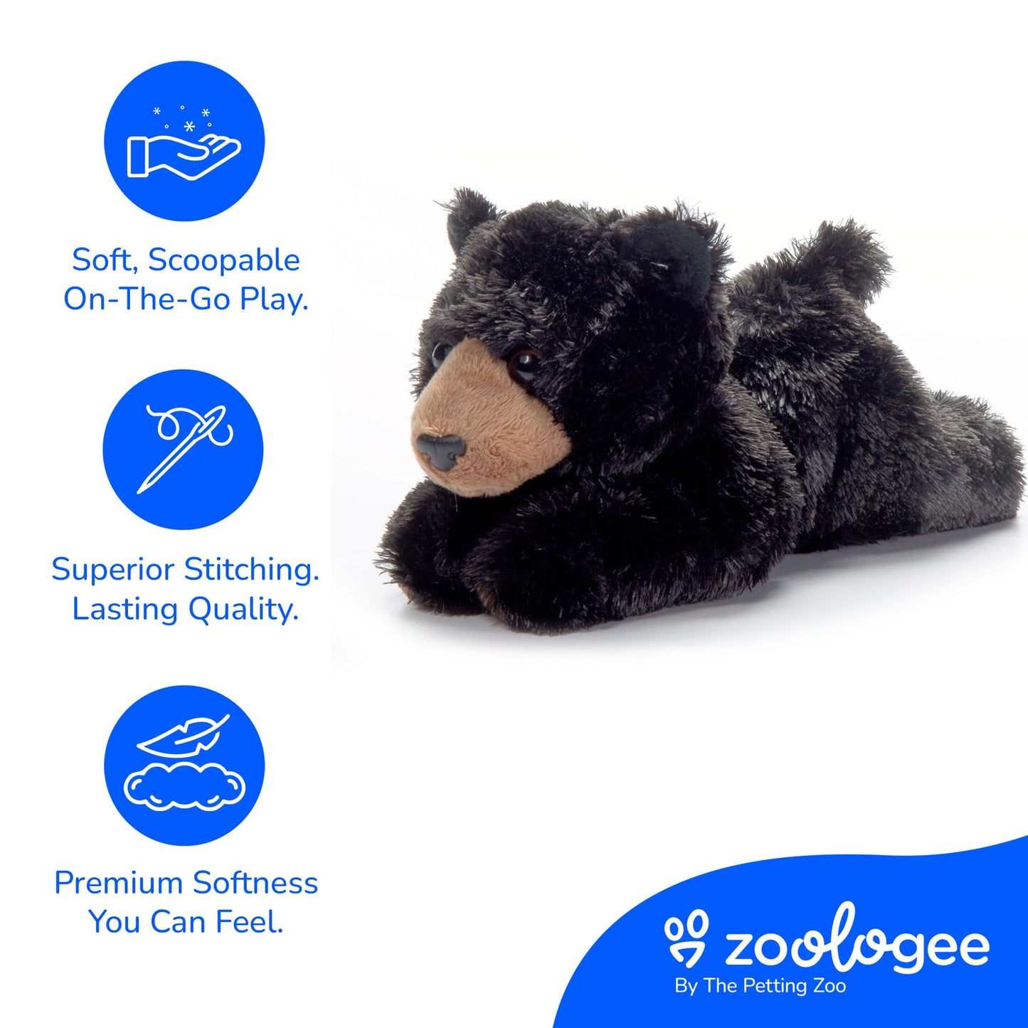 The Petting Zoo Black Bear Stuffed Animal Plushie, Gifts for Kids, Scoopz Wildlife Animals, Bear Plush Toy, 8 inches