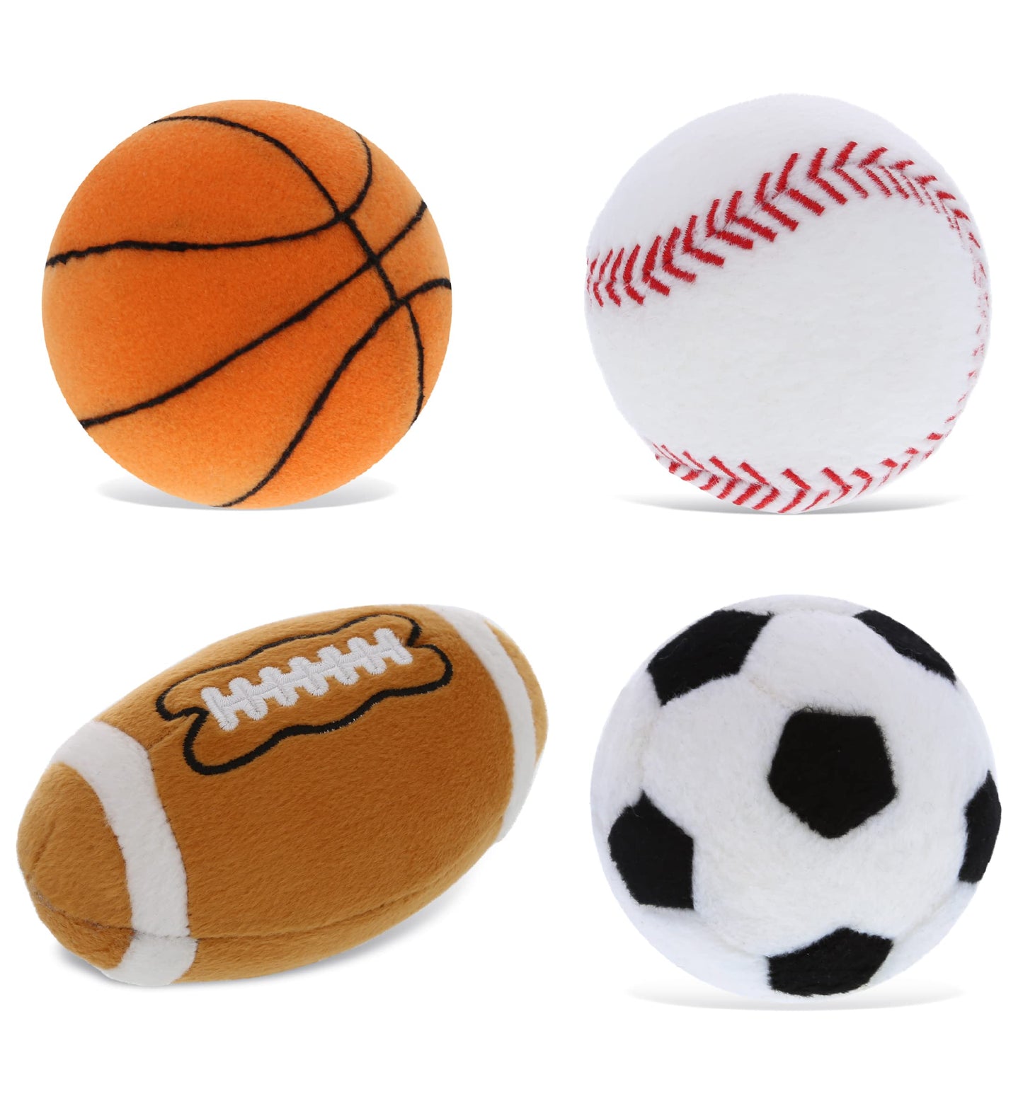 DolliBu Sports Balls Plush - Fluffy Soft Toys for Playing Catch With Kids, Squishy Playtime Toys for Girls and Boys, Stuffed Room Decor - 4 Pc Set