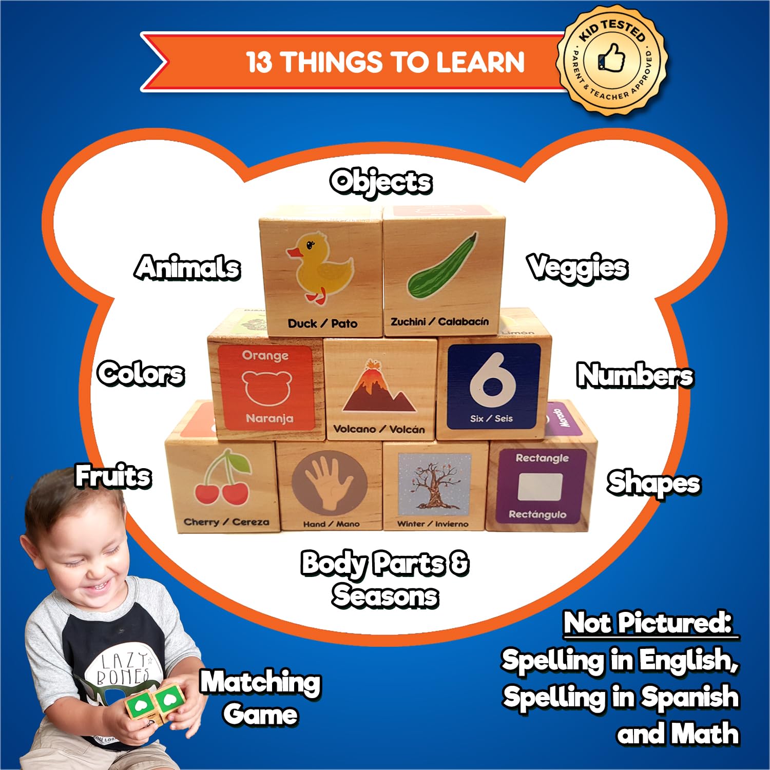 KIDS KORNER Alphabet Blocks Toys for Toddlers - Bilingual Educational Toys, Spanish Learning Toys, Stacking Toys with 30 Wooden Blocks and Toddler