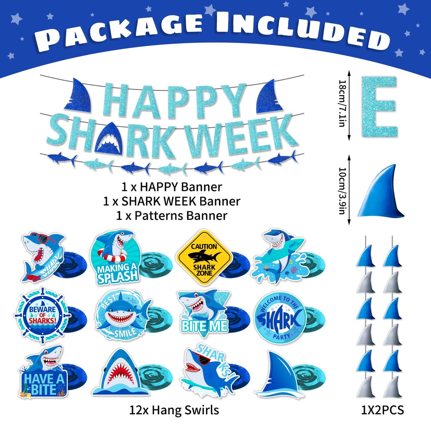 Happy Week of Sharks Birthday Decorations Include 3 Happy Shark Banner,12 Double-side Hanging Swirls,2 Shark Fin Hanging Banner,Bite Me Welcome