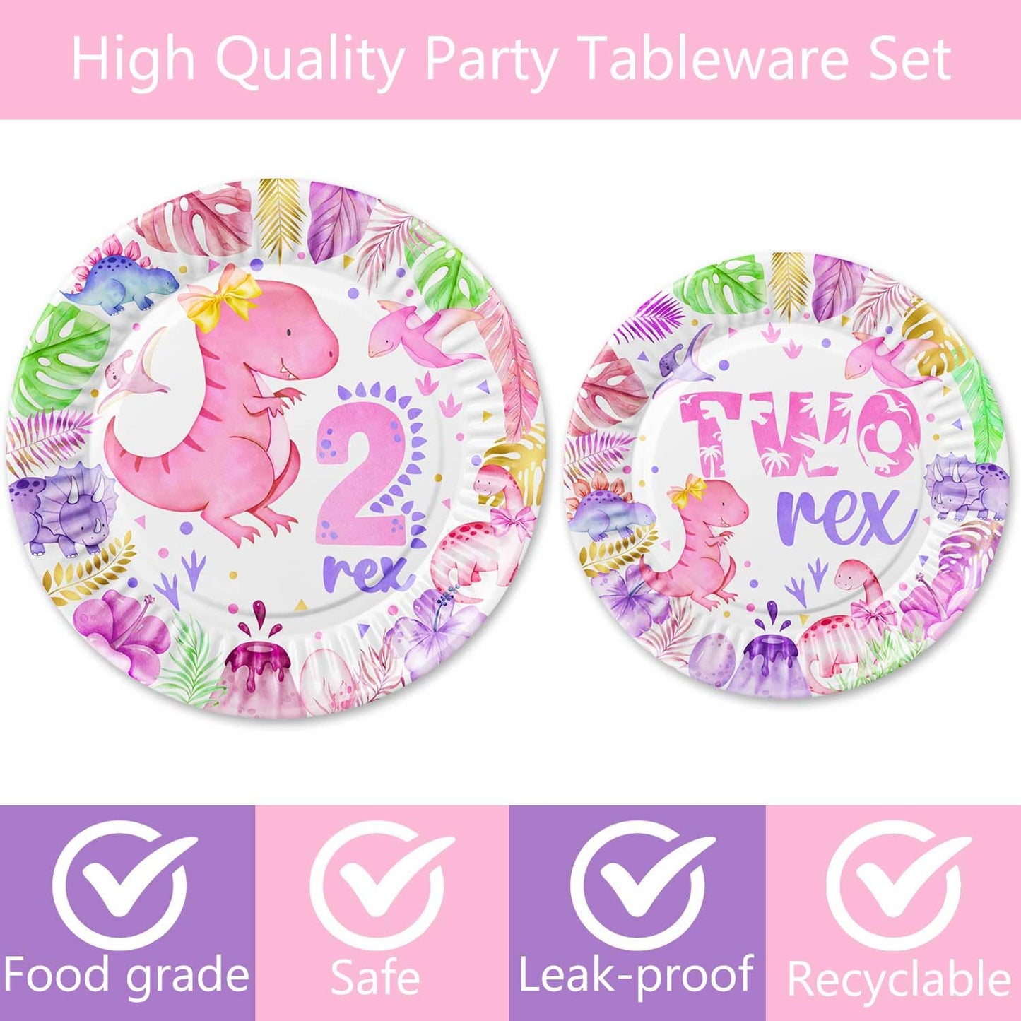 211 Pcs Dinosaur 2nd Birthday Party Supplies, Girl Dino Two Rex Birthday Decorations, 20 Serves Include Paper Plates, Cups, Napkins, Tablecloth, Cake