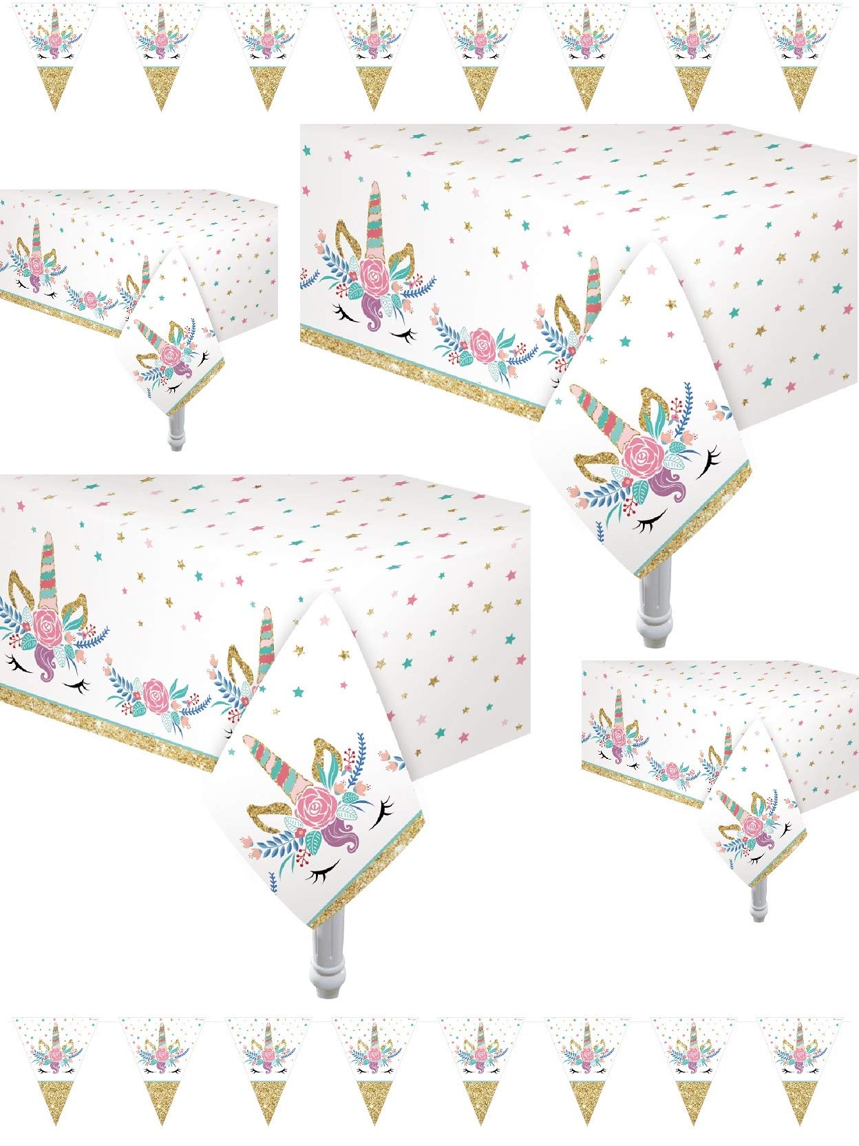 Oojami 4 Pack Unicorn Tablecloths for Girls Birthday Party, Spa Party Decorations, Makeup Party Supplies, 54 x 108 in Plastic Table Covers with 2