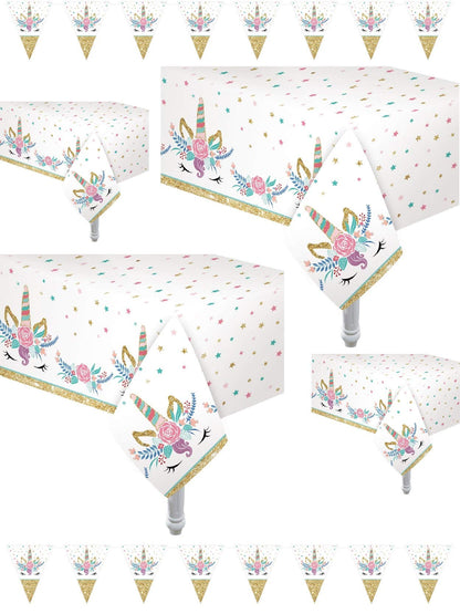 Oojami 4 Pack Unicorn Tablecloths for Girls Birthday Party, Spa Party Decorations, Makeup Party Supplies, 54 x 108 in Plastic Table Covers with 2