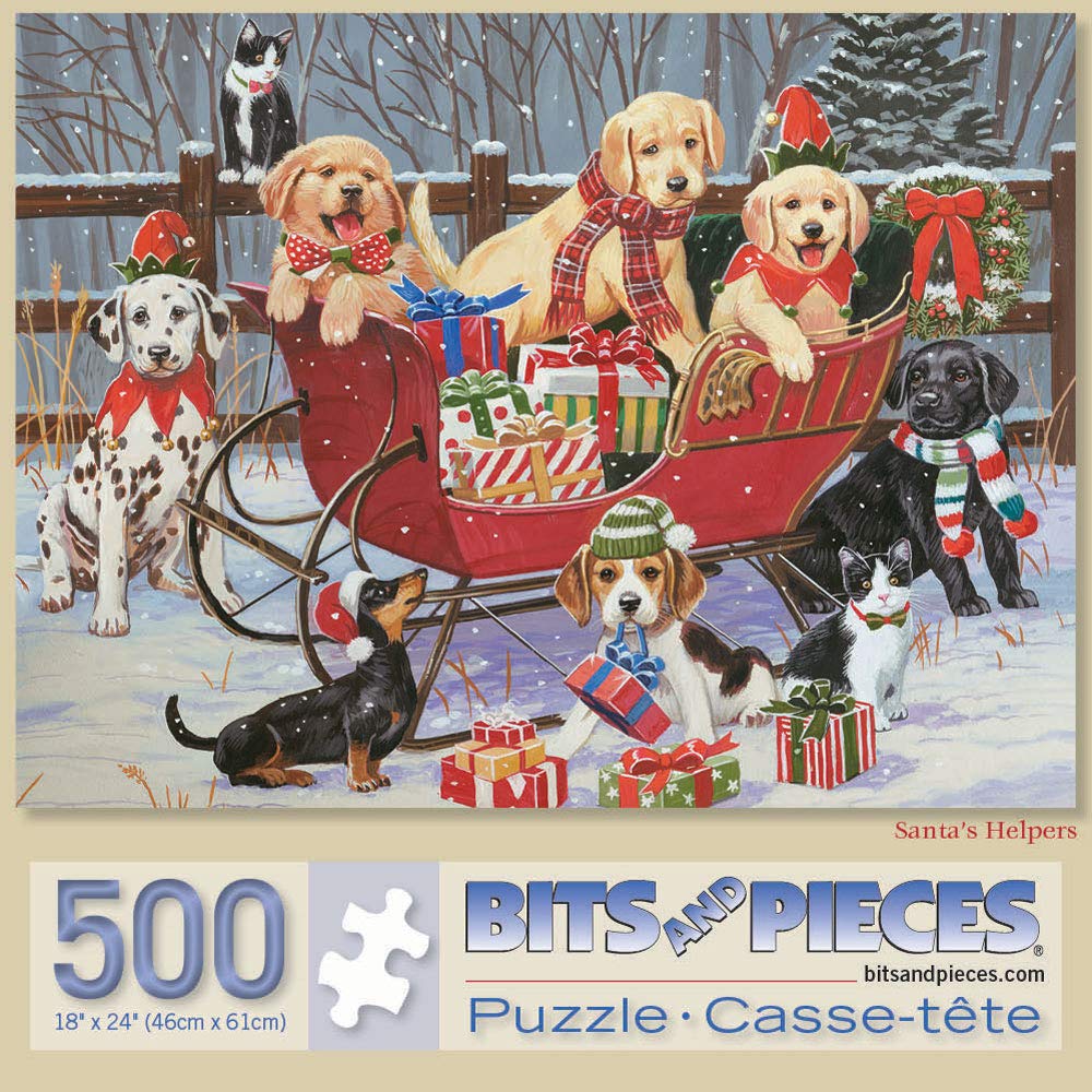 Bits and Pieces - 500 Piece Jigsaw Puzzle for Adults - Santa's Helpers - Puppies Christmas Sleigh Jigsaw Puzzle by Artist William Vanderdasson