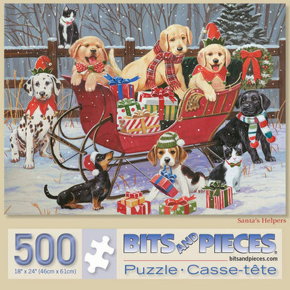 Bits and Pieces - 500 Piece Jigsaw Puzzle for Adults - Santa's Helpers - Puppies Christmas Sleigh Jigsaw Puzzle by Artist William Vanderdasson