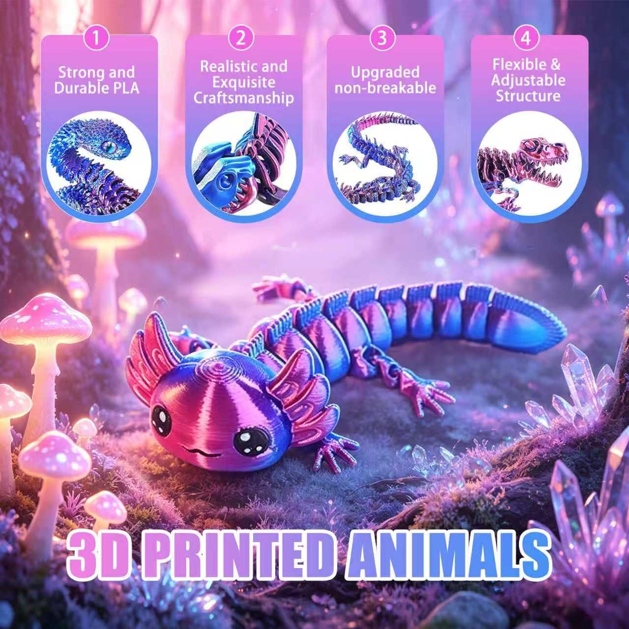 BAJINBE 9Pack 3D Printed Animals Set Include Dinosaur Sharks Axolotl Turtle Cobra 3 Style Dragons 3D Printed Fidget Toys Home Office Desk Decor