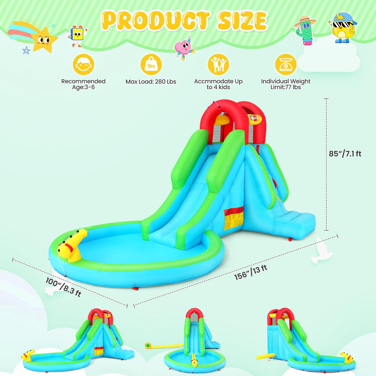 Whubefy Inflatable Water Slide Bounce House,13x8.3ft Blow Up Water Slide for Kids Backyard Water Park with Pool/Slide/Climbing Wall/Water Cannon, Hold