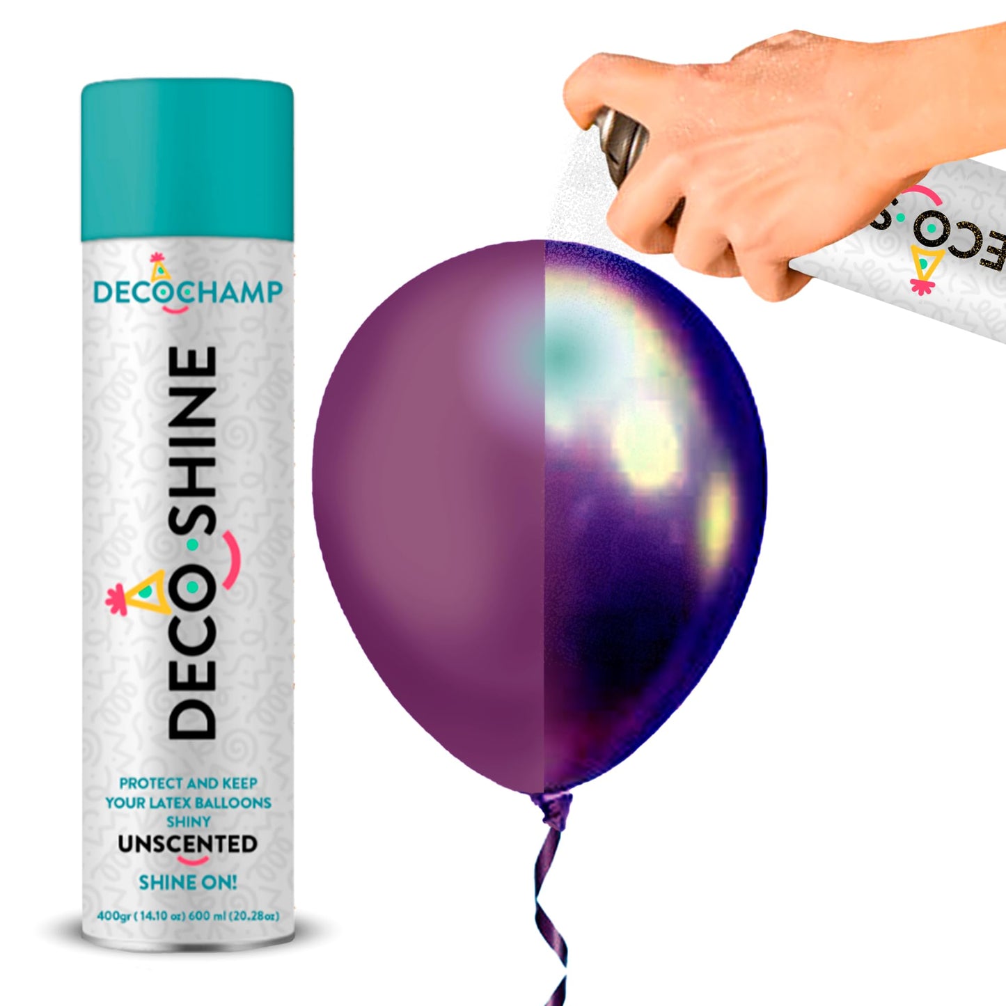 DECOCHAMP Balloon Shine Spray 20.28 oz - High Gloss Anti-Oxidation Spray for Latex Balloons, Arches & Garlands, No-Wipe Aerosol Finish