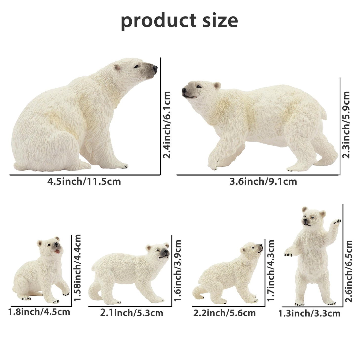 Toymany 6PCS Polar Bear Figurines Toy with Polar Bear Cub, 2-4" Realistic Plastic Arctic Animals Figures Family Set for Christmas Educational Toys