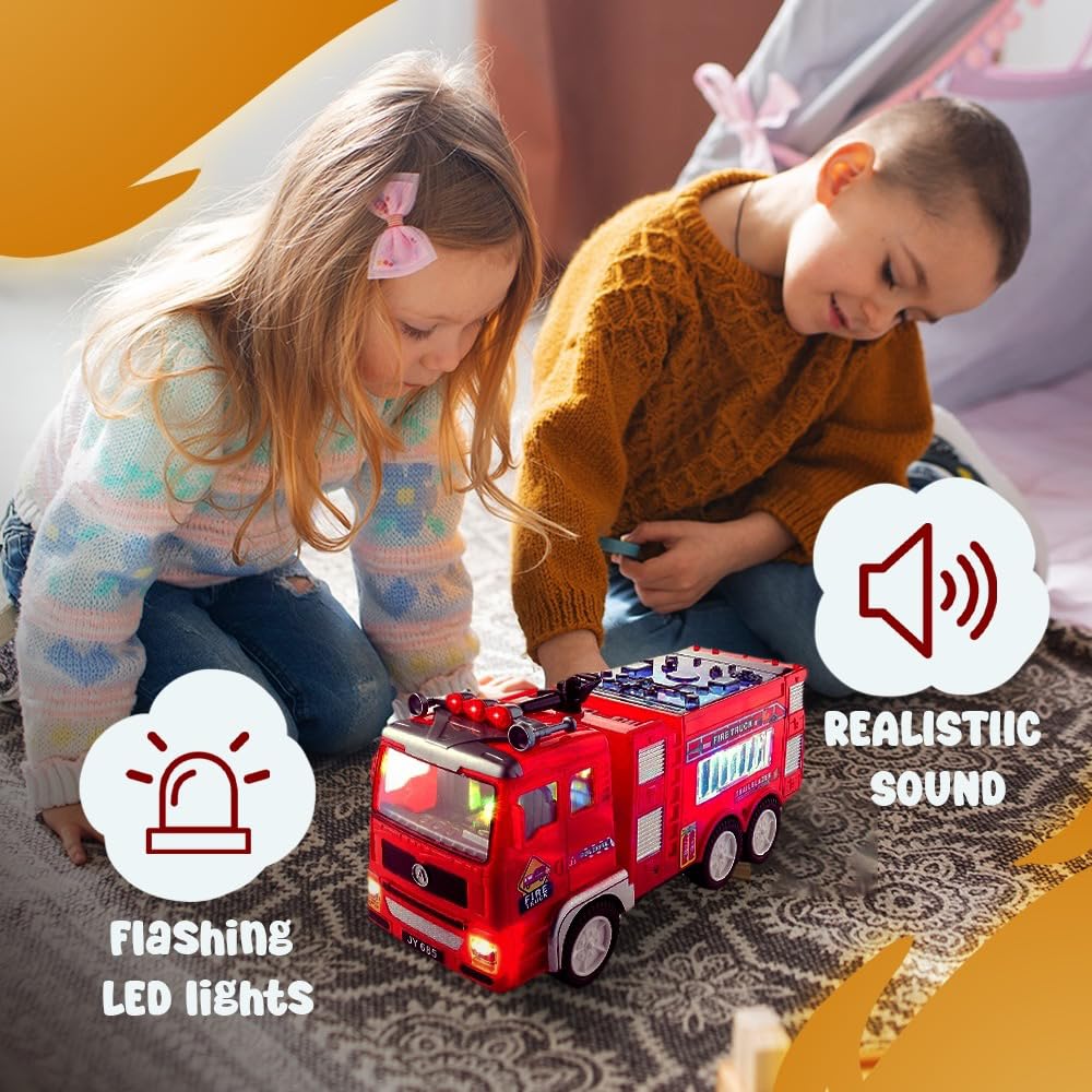 Zetz Brands Fire Truck Toy for Boys, Girls, Kids, w/ 4D LED Lights, Toddlers - Age 3+ Fire Engine Push Toy Car for Little Fireman Real Firetruck Siren
