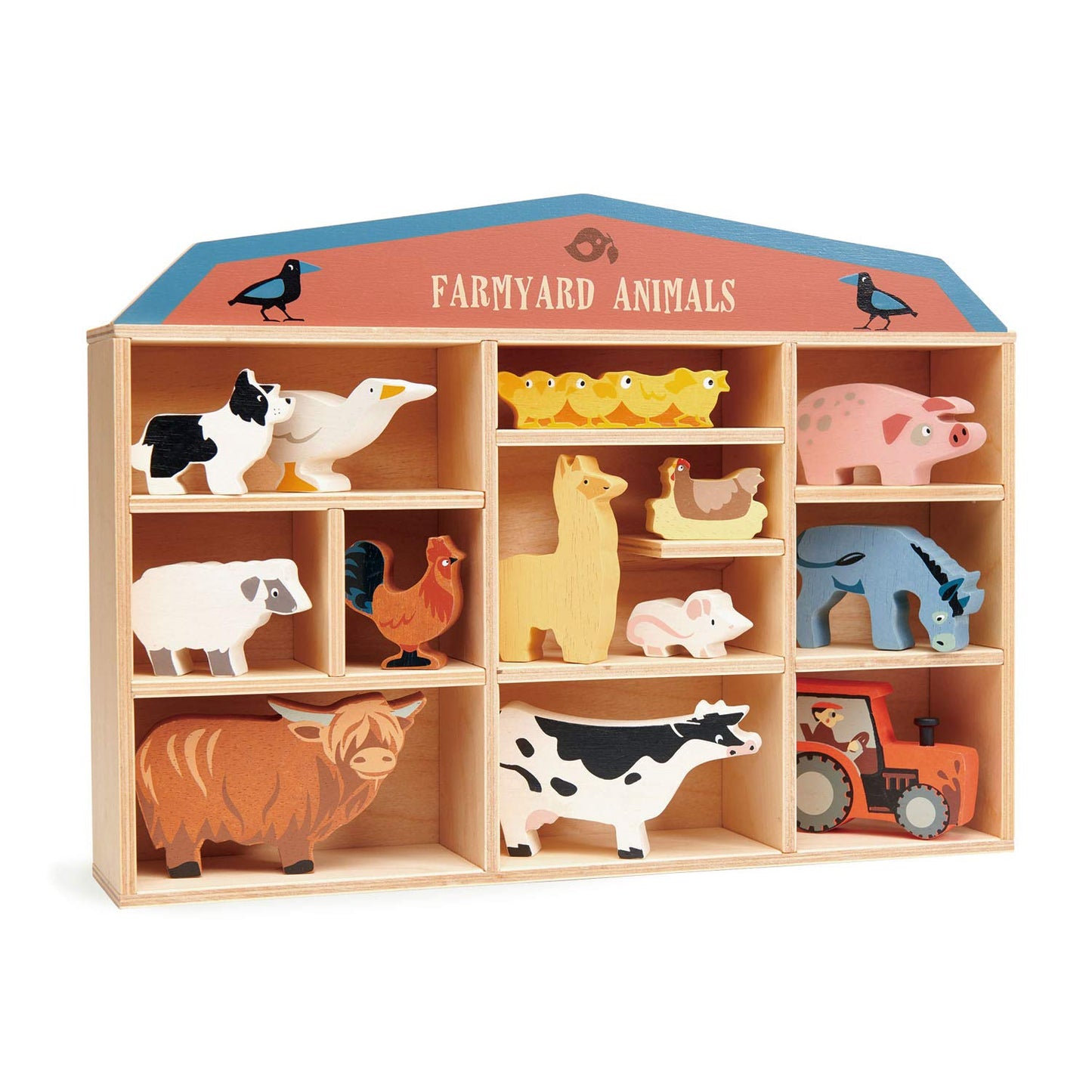 Tender Leaf Toys Farmyard Animals “ 13 Wooden Country Farm Figurines with a Display Shelf - Classic Toy for Pretend Play “ Develops Creative