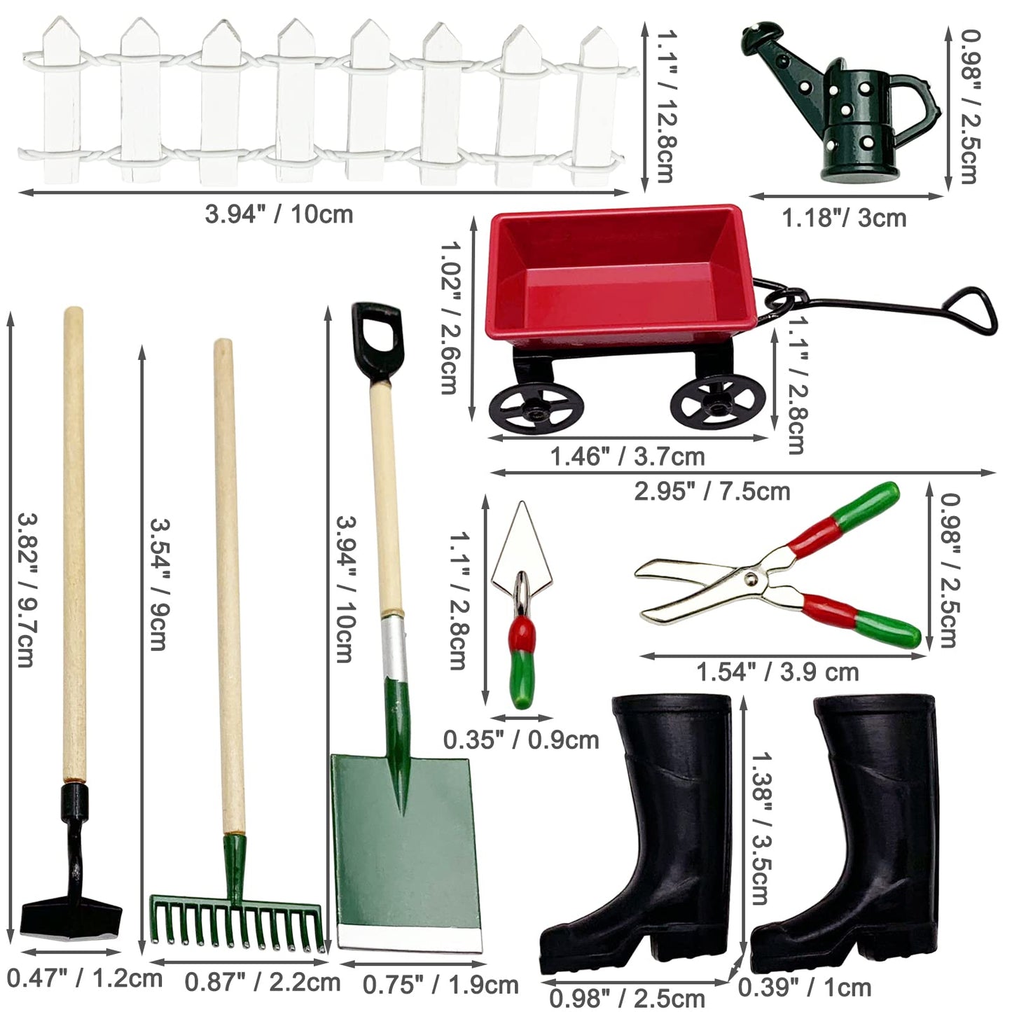Miniature Fairy Garden Farming Tools, 9 Packs 1:12 Mini Metal Spade Pestle Rake Wagon Kettle Wood Fence Yard Supplies Scene Model Set Dollhouse Decor