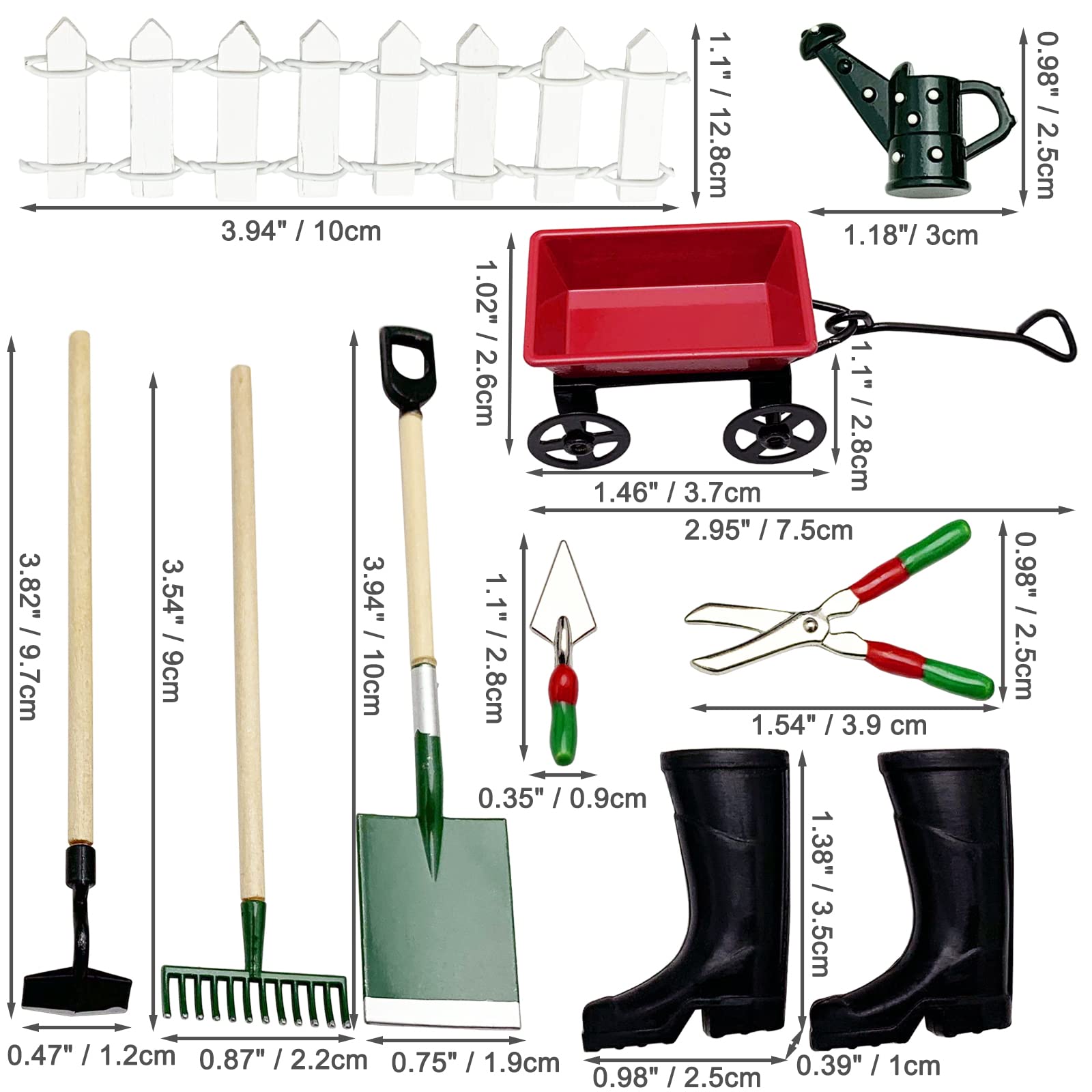 Miniature Fairy Garden Farming Tools, 9 Packs 1:12 Mini Metal Spade Pestle Rake Wagon Kettle Wood Fence Yard Supplies Scene Model Set Dollhouse Decor