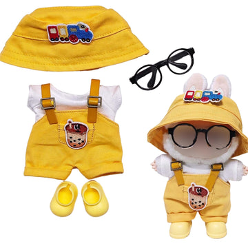Compatible with Labubu - Casual Outfit Set for Collectible Figures - Yellow Overalls with Bucket Hat, Sunglasses & Boots - Fits Gen 1, 2, 3 (Black
