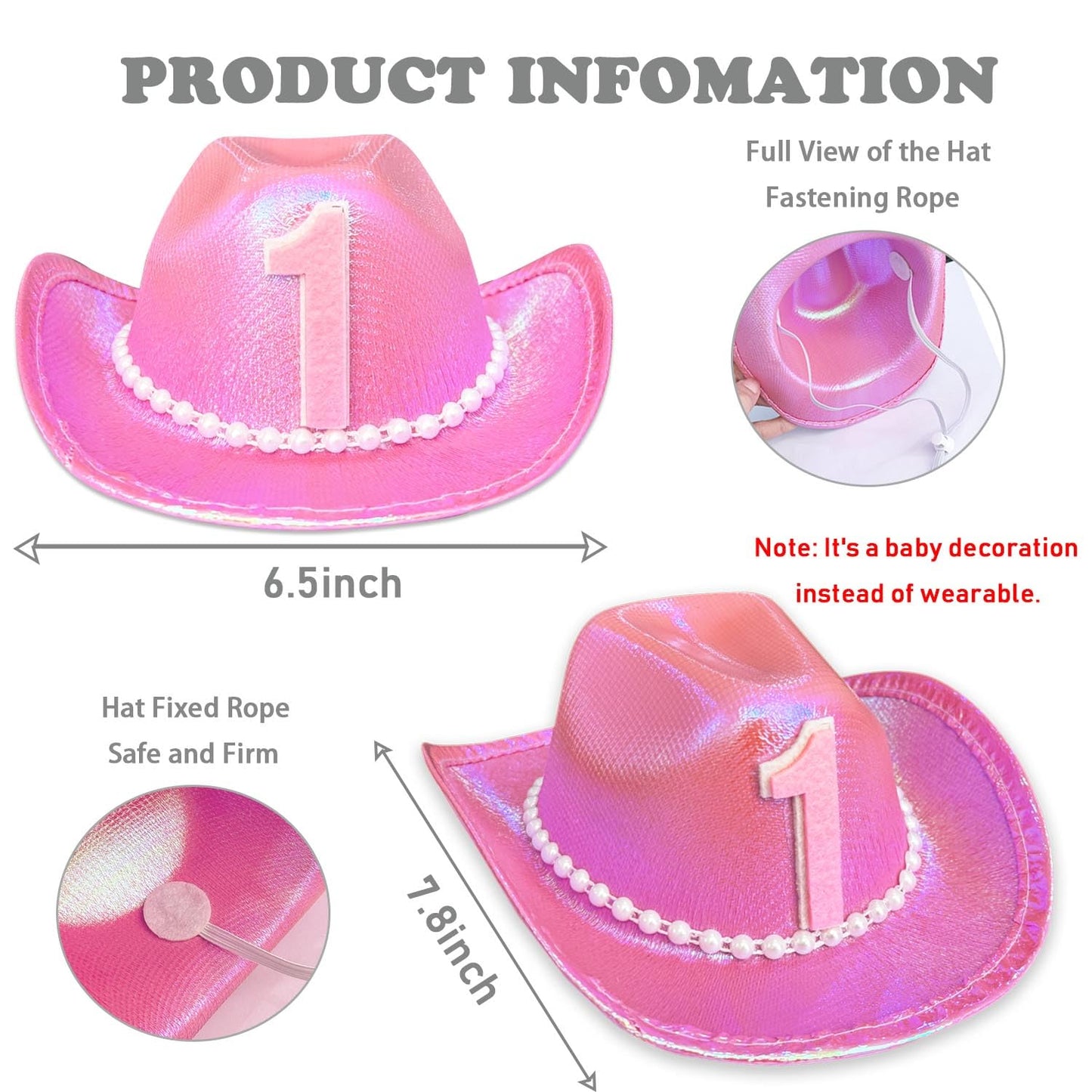 1st Birthday Cowboy Hat, Pink Girls Cowgirl Party Decorations Hat Neon Sparkly Glitter First Rodeo Birthday Party Crown for Western Baby Toddler Party
