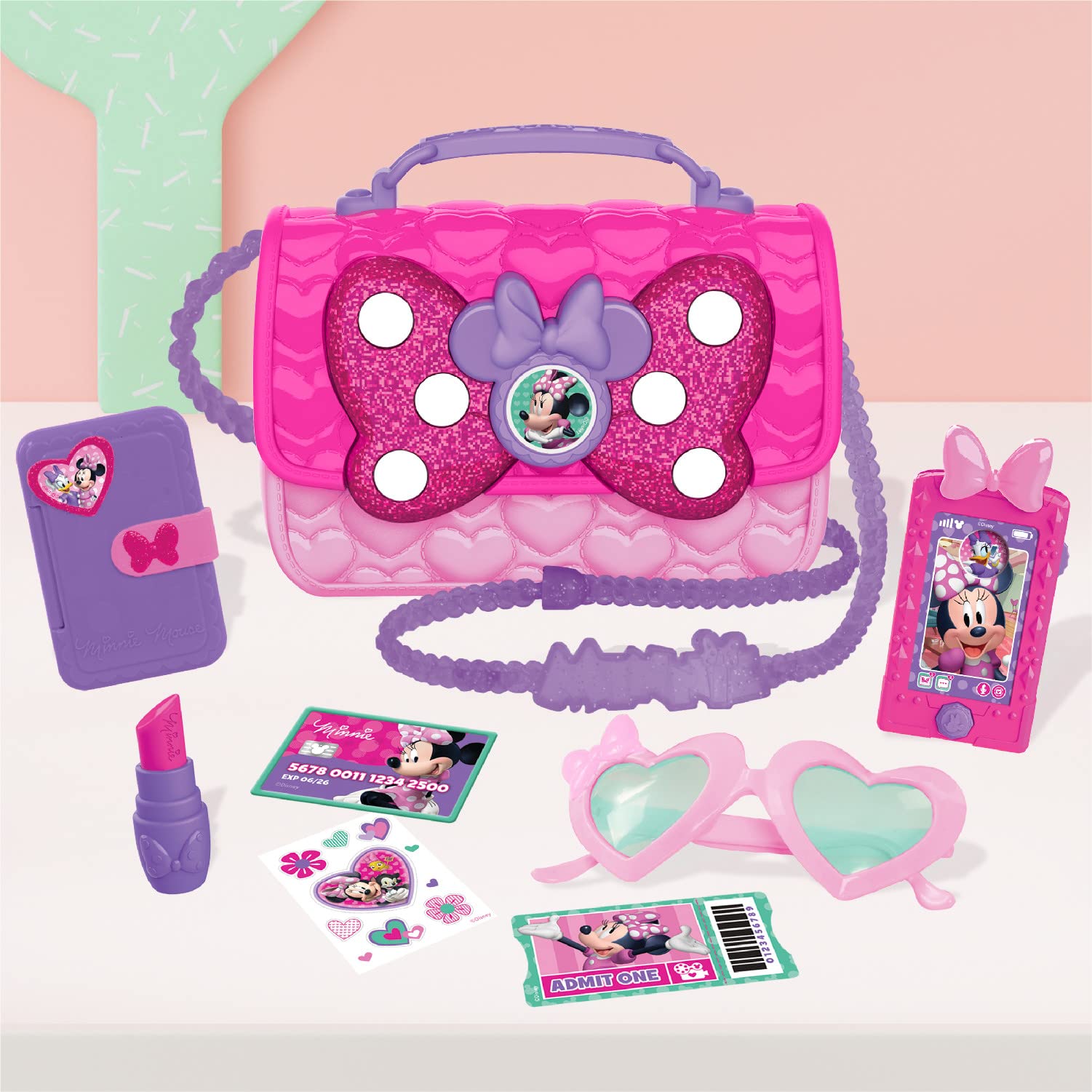 Disney Junior Minnie Mouse Bowfabulous Bag Set, 7-pieces, Dress Up and Pretend Play