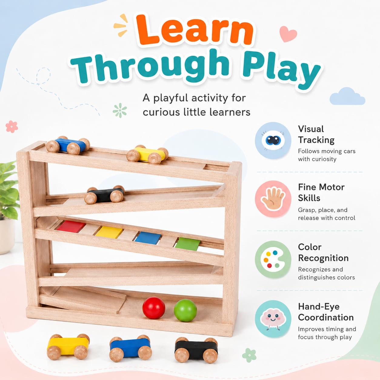 Wooden Ramp Racer for Toddlers 1-3, Wooden Race Track Toy with 3 Wood Cars and 2 Balls, 5-Level Zig Zag Car Ramp Racer, Montessori Learning Toys for 1