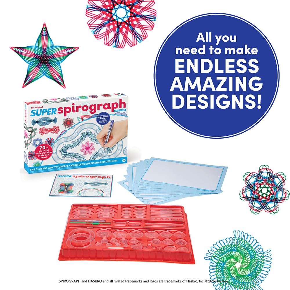 Spirograph Super Set -Arts and Crafts, Kids Toys, Art Supplies, Craft Supplies, Drawing Kit, Spiral Art, Classic Gear Design Kit, Case, Pens, Design