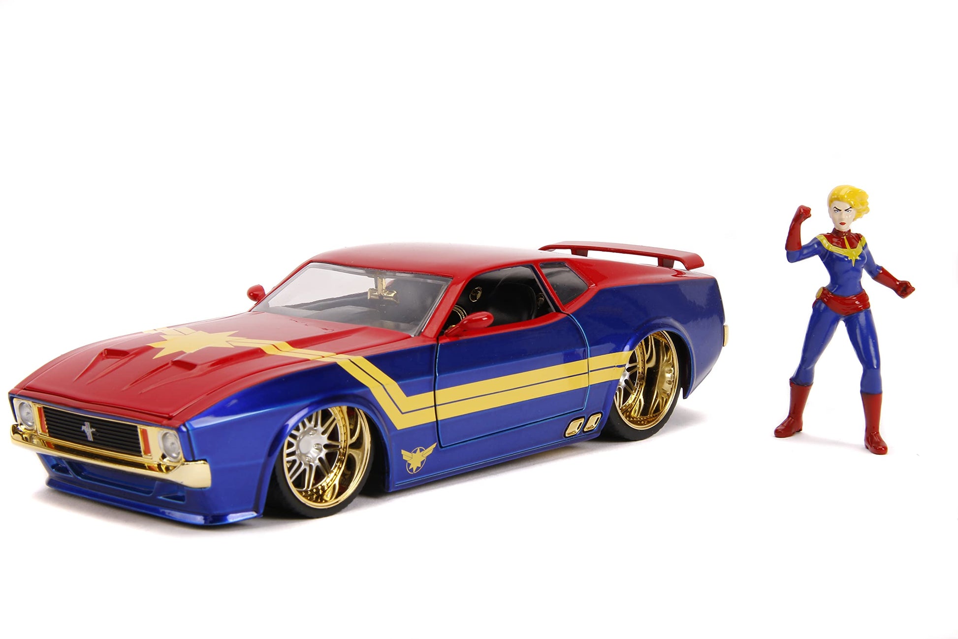 Jada Marvel 1:24 1973 Ford Mustang Mach 1 Die-cast Car with 2.75" Captain Marvel Figure, Toys for Kids and Adults