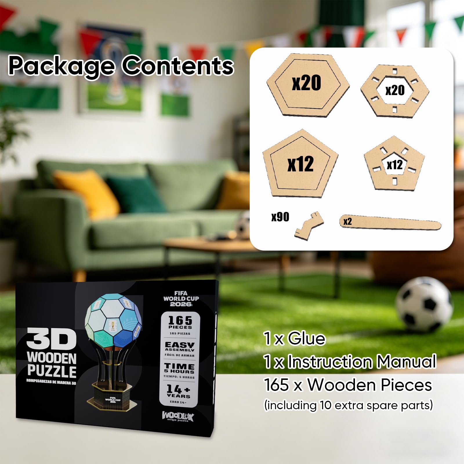 Officially Licensed FIFA World Cup 2026 3D Wooden Soccer Ball Puzzle, 165-Piece DIY Assembly Model Kit, Soccer Collectible Desk Decor for Home Office