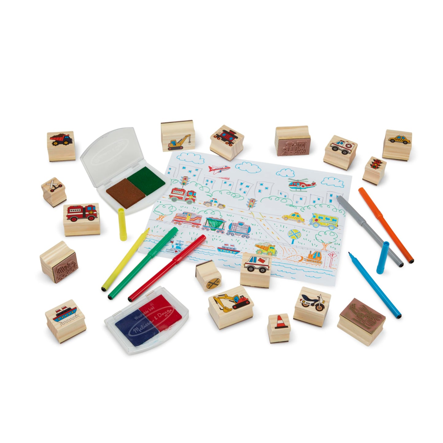 Melissa & Doug Deluxe Wooden Stamp and Coloring Set - Vehicles (30 Stamps, 6 Markers, 2 Durable 2-Color Stamp Pads)