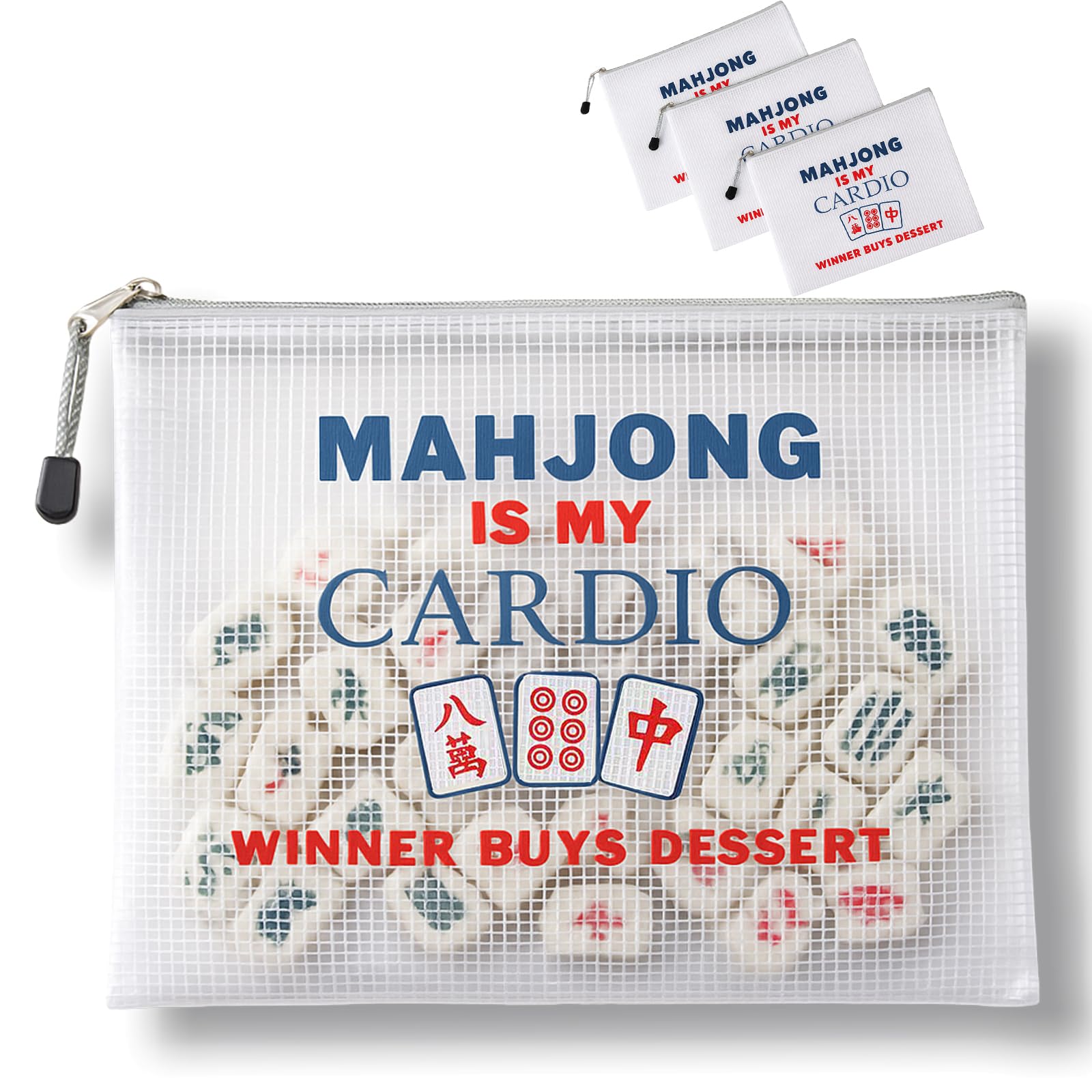Mazentrix 3-Pack Mahjong Tile Storage Pouches, Water-Resistant Zipper Bags Fit 166 American Tiles, 13.6 x 9.7 in, White (Bags Only)