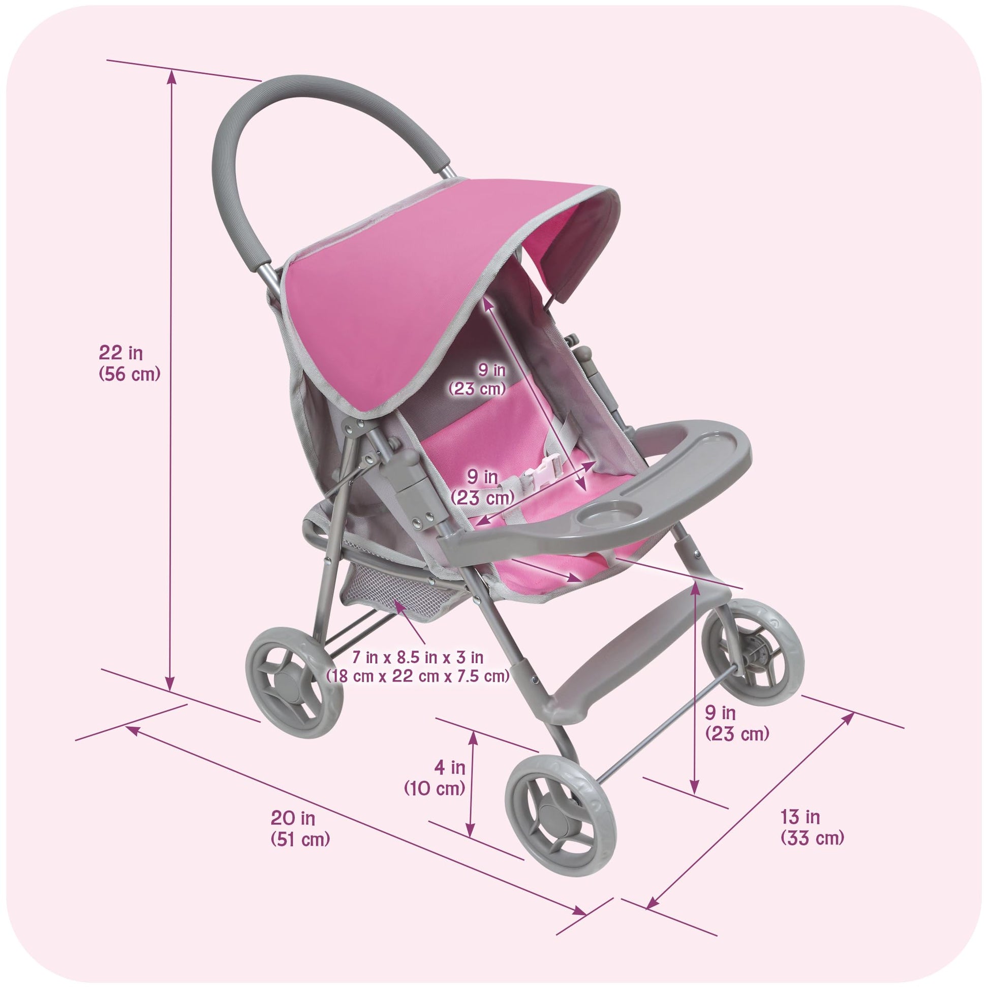 Badger Basket Deluxe Glide Folding Single Doll Stroller for 18-Inch Dolls in Gray and Pink - Ideal for Playtime Adventures