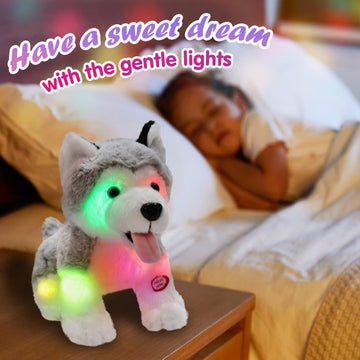 Athoinsu Light up Husky Dog Stuffed Animal Soft Glowing Plush Puppy Toy with Magic LED Night Lights Children's Day Birthday for Toddler Kids, 8''