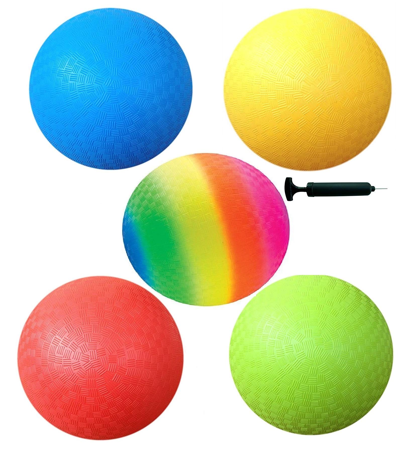 Toys+ 8.5 Inch Playground Balls Set, Official Size for Dodge Ball, Kick Ball, Four Square, Free Pump (5Pack, Red,Blue,Green,Yellow,Rainbow)
