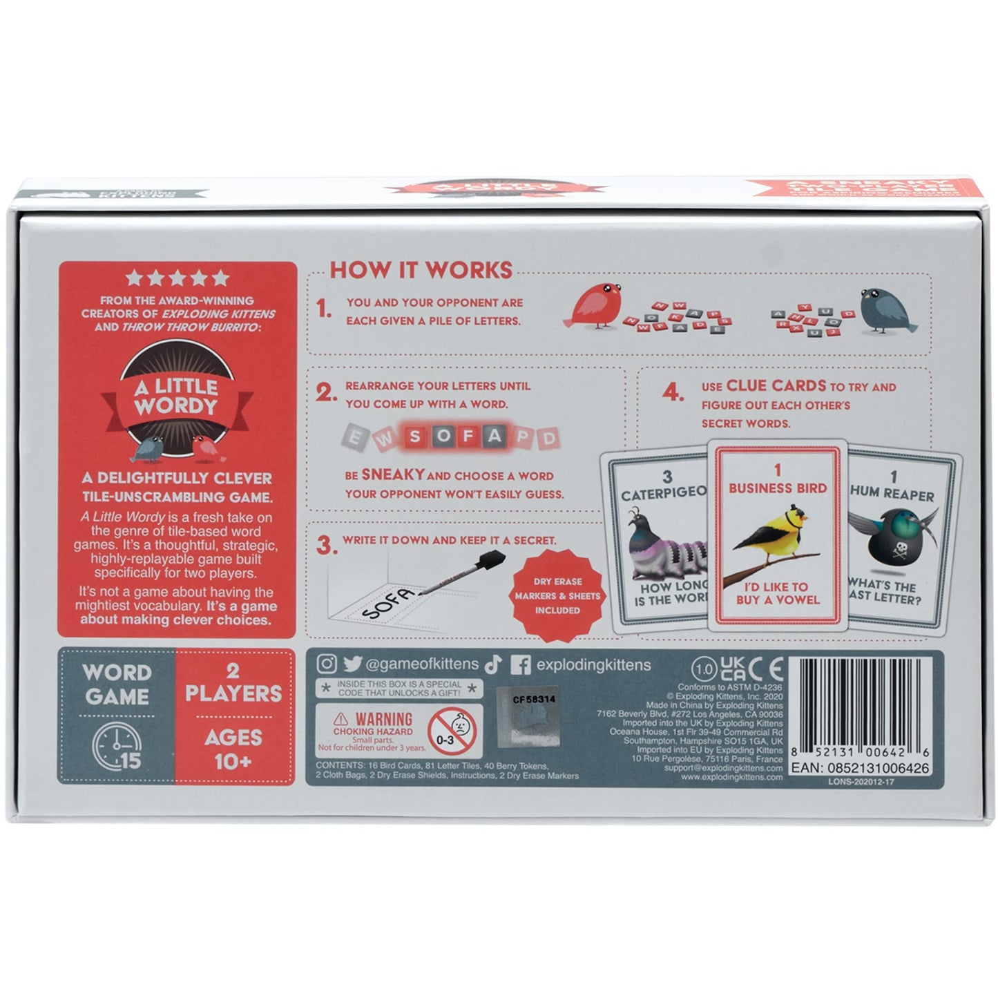Exploding Kittens A Little Wordy 2 Players - Ages 10+ - 15 Minutes to Play - Letter Tile Word Game - Couples Game, Date Night Game, Adult and Teen