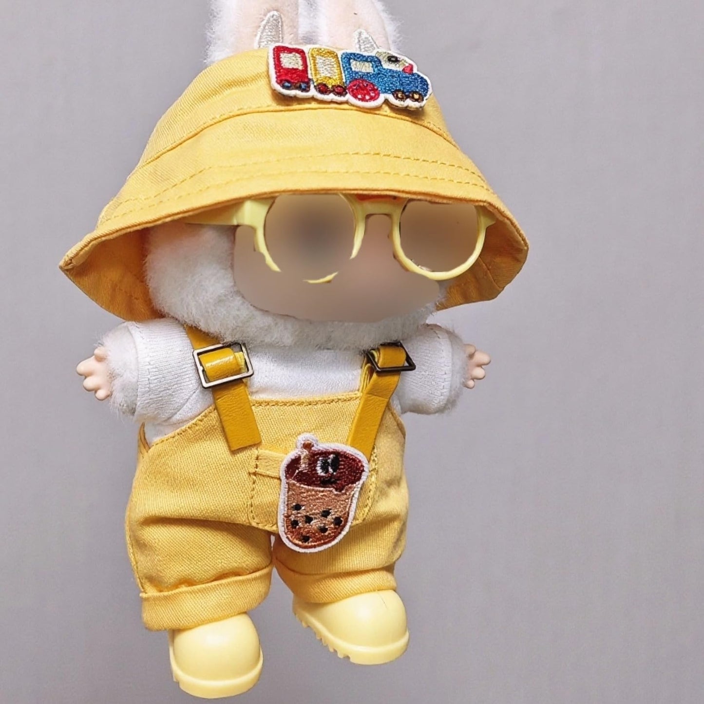 Compatible with Labubu - Casual Outfit Set for Collectible Figures - Yellow Overalls with Bucket Hat, Sunglasses & Boots - Fits Gen 1, 2, 3 (Yellow
