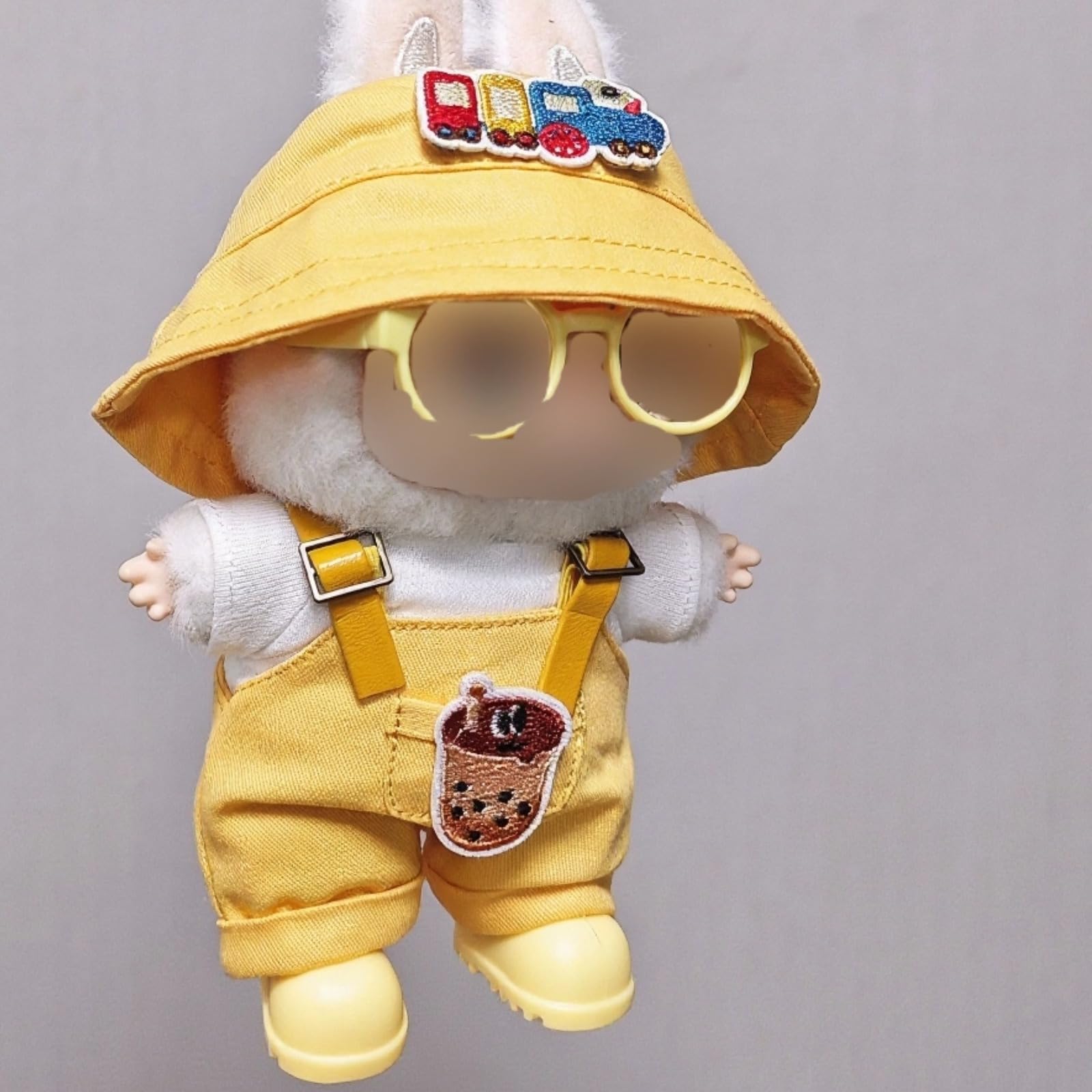 Compatible with Labubu - Casual Outfit Set for Collectible Figures - Yellow Overalls with Bucket Hat, Sunglasses & Boots - Fits Gen 1, 2, 3 (Yellow