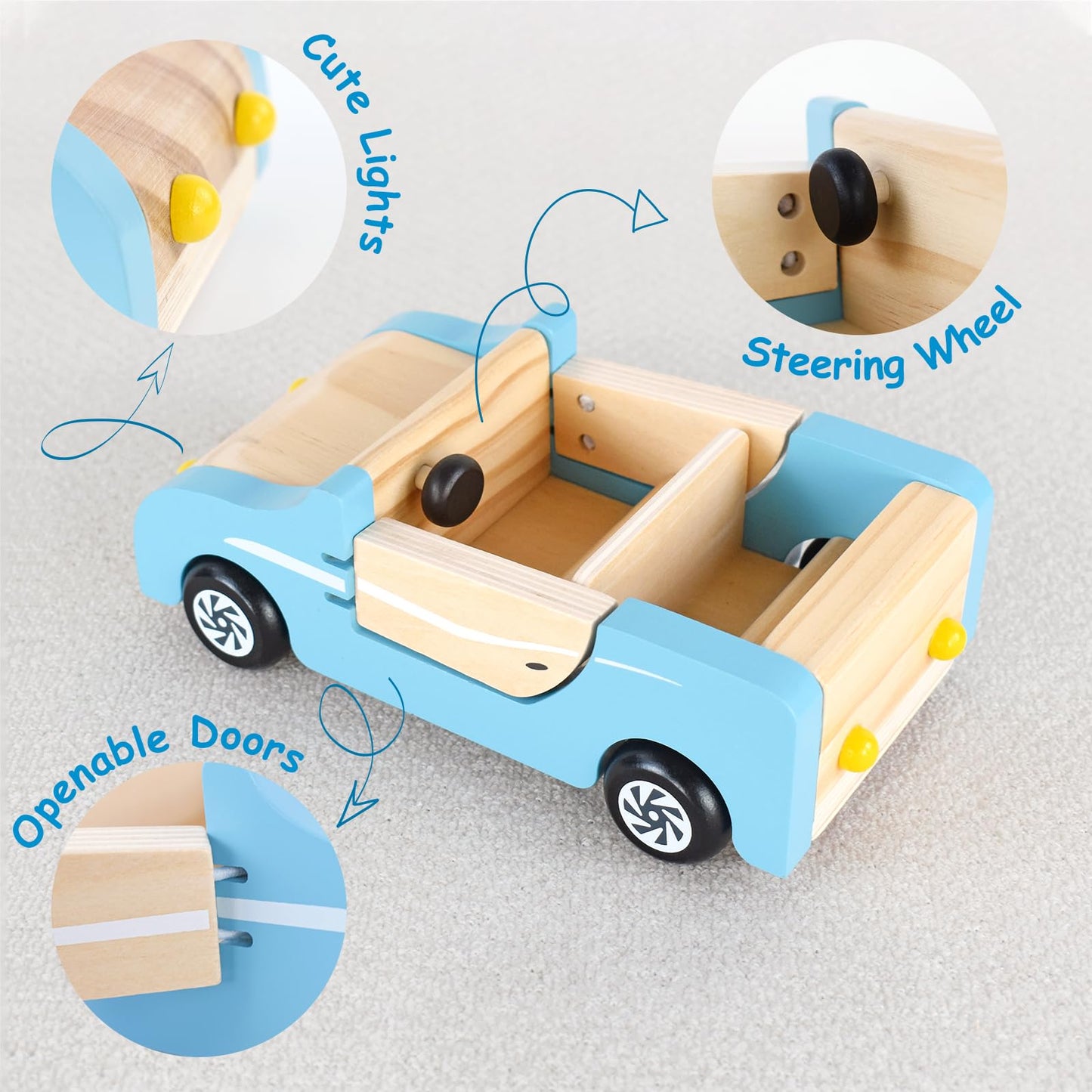 PairPear Wooden Family Car for Dolls,Wooden Toys Dollhouese Furniture Accessories Playset,Kids Pretend Preschool Play Vehicle Toys Gift for Toddler 3