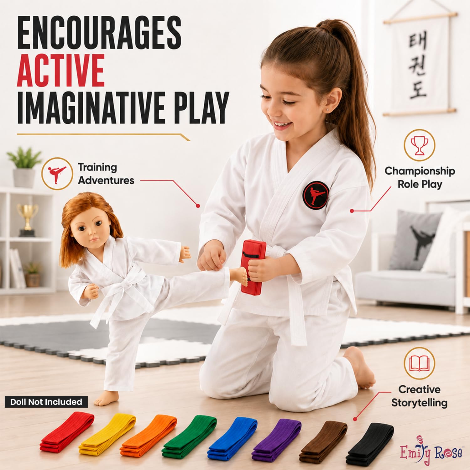 Emily Rose 18 Inch Doll Karate Outfit - 11 Pc Taekwondo Gi Set with Belts