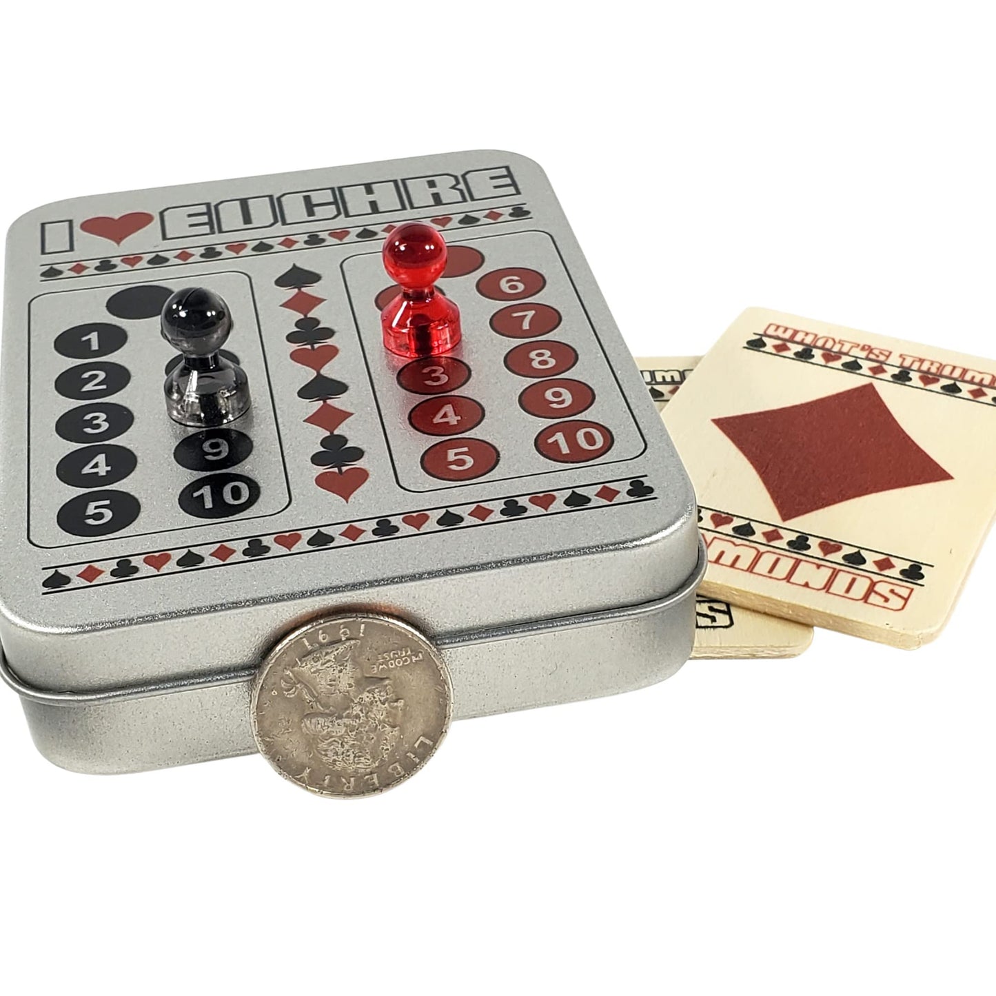 I Heart Euchre Scorekeeper Tin Set with Cards, Magnets, & Wood Suit Cards