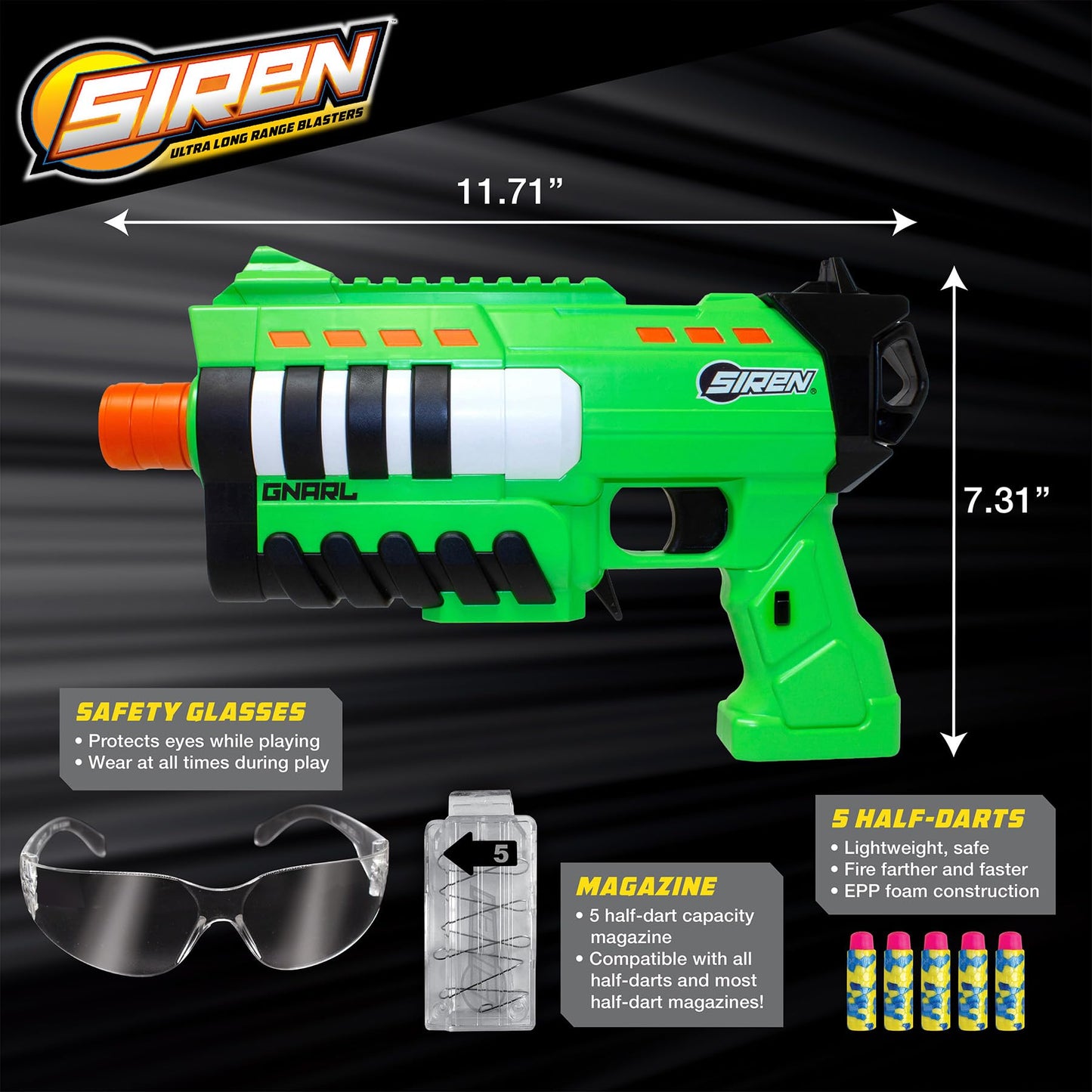 Siren Blasters Gnarl Ultra Long Range Blaster, Multi-Shot Compact Foam Dart Blaster, 5-Dart Magazine, 150 Ft Range, 150 FPS, Outdoor Games, Ages 14+