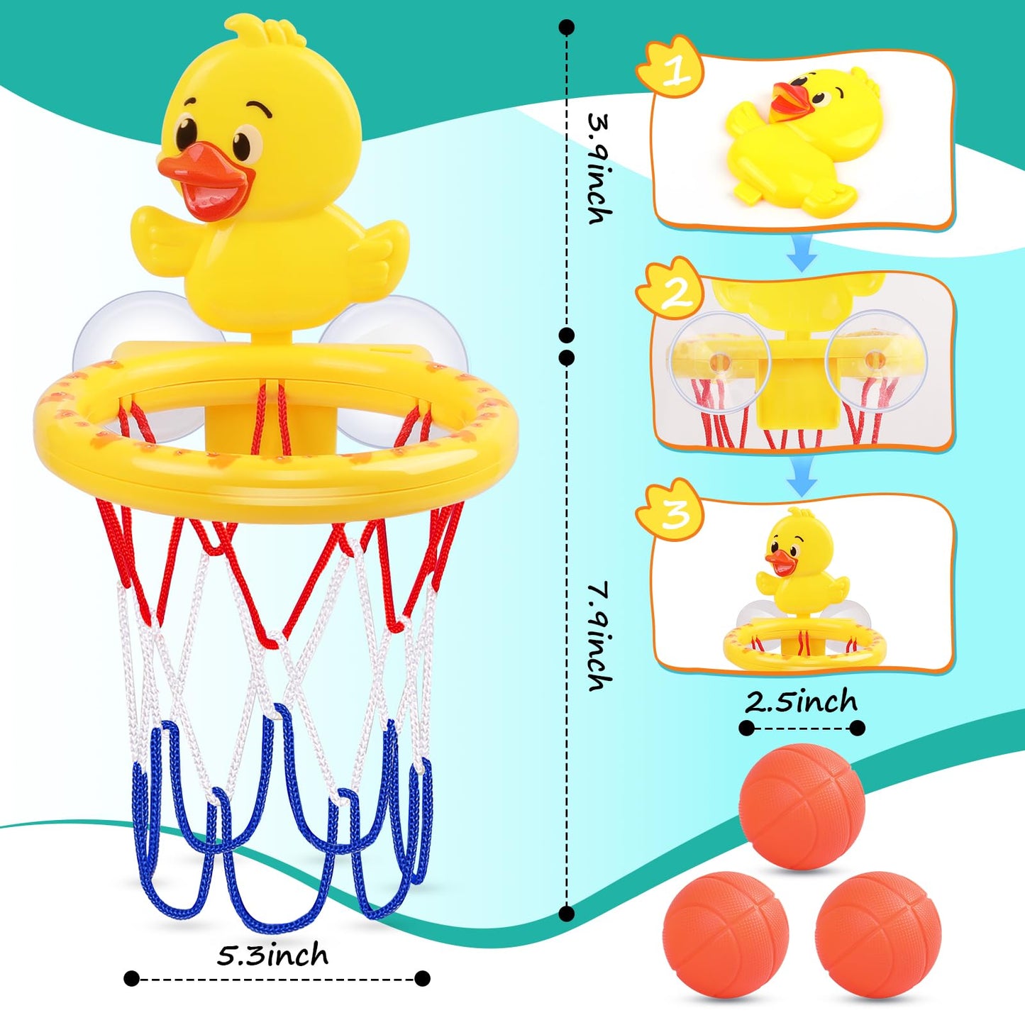 Bath Toys, Bathtub Basketball Hoop for Toddler Kids, 3 Soft No Hole Balls & Bath Basketball Hoop with Strong Suction Cup, Yellow Duck Baby Shower Bath