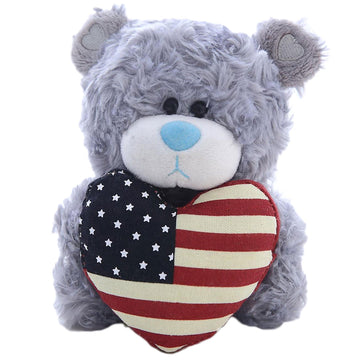 Plushland American Pillow Qbeba Bear, Plush Stuffed Animal Toy Holding a Heart Printed American National Flag, Celebrate Independence Day 4th July