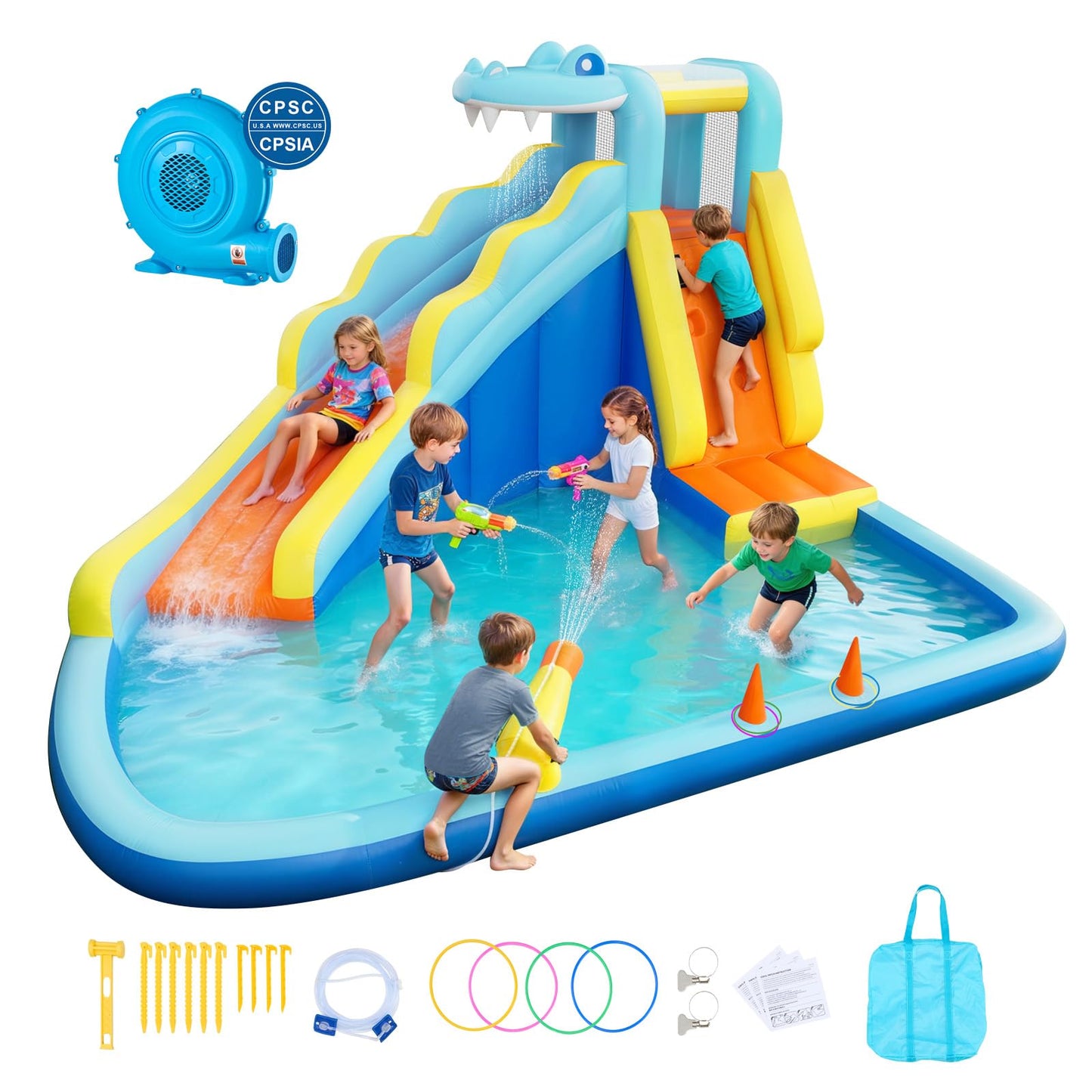 VEVOR Inflatable Crocodile Bounce House with Blower, Spacious 6-in-1 Kids Water Park with Slide, Splash Pool, Water Cannon, Ring Toss & Climbing Wall